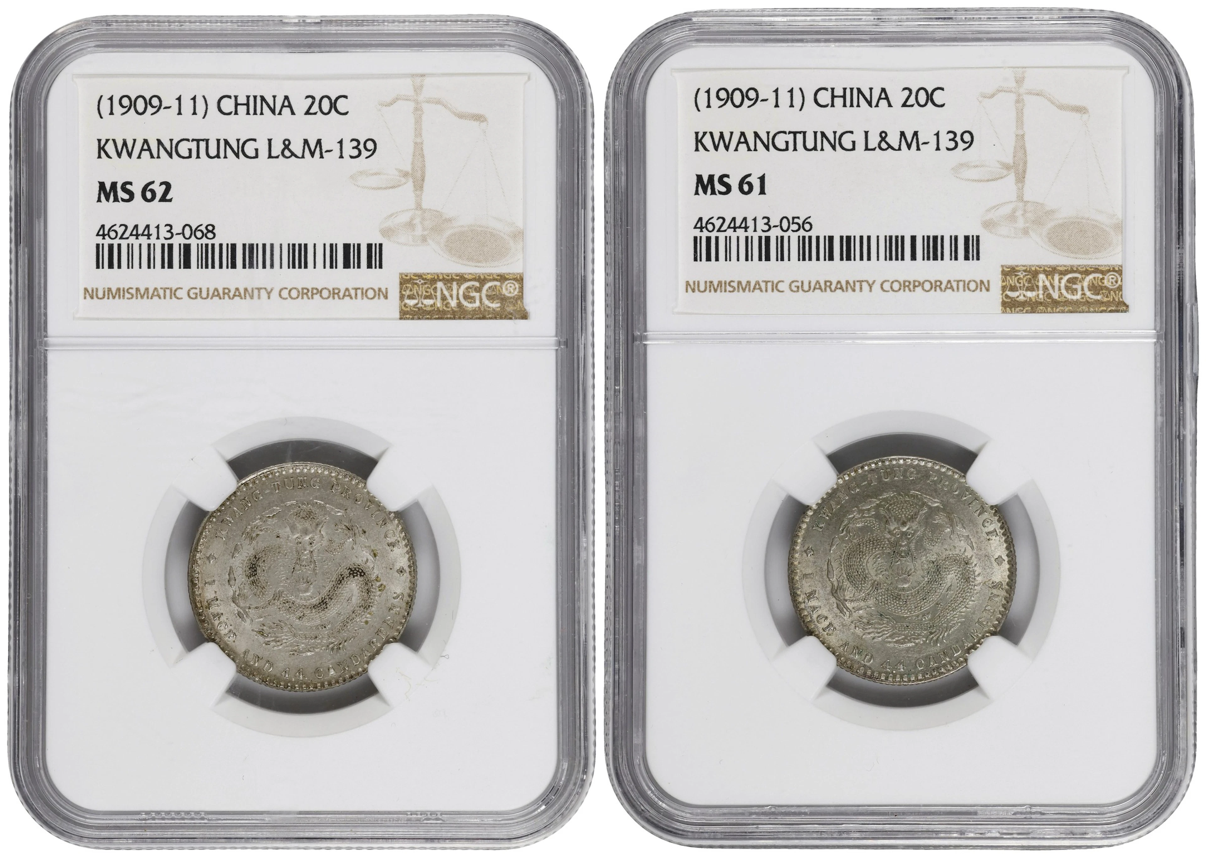(t) CHINA. Kwangtung. Duo of 1 Mace 4.4 Candareens (20 Cents) (2 Pieces)