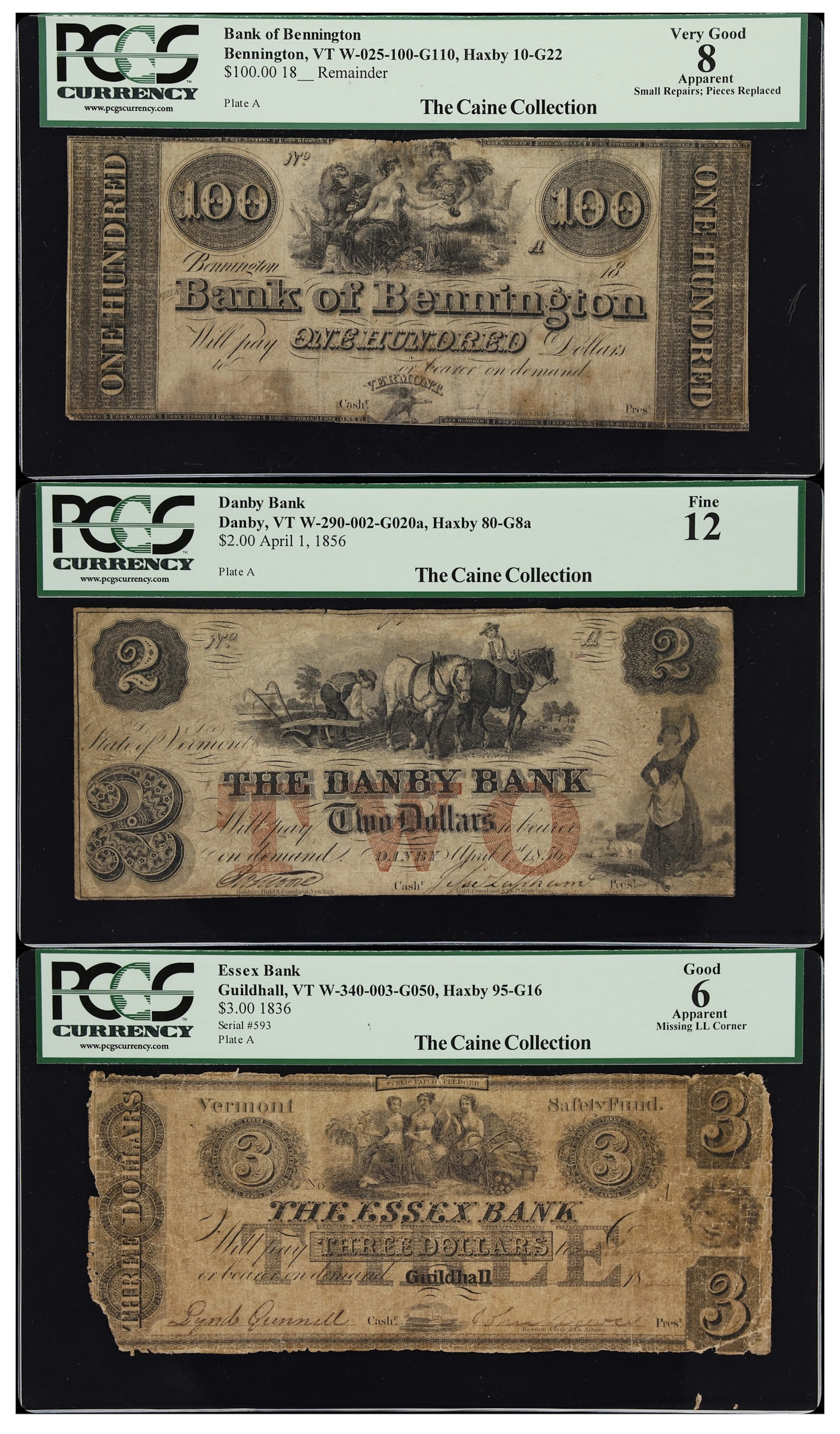 Lot of (3) Bennington, Danby & Guildhall, Vermont. Mixed Issuers.