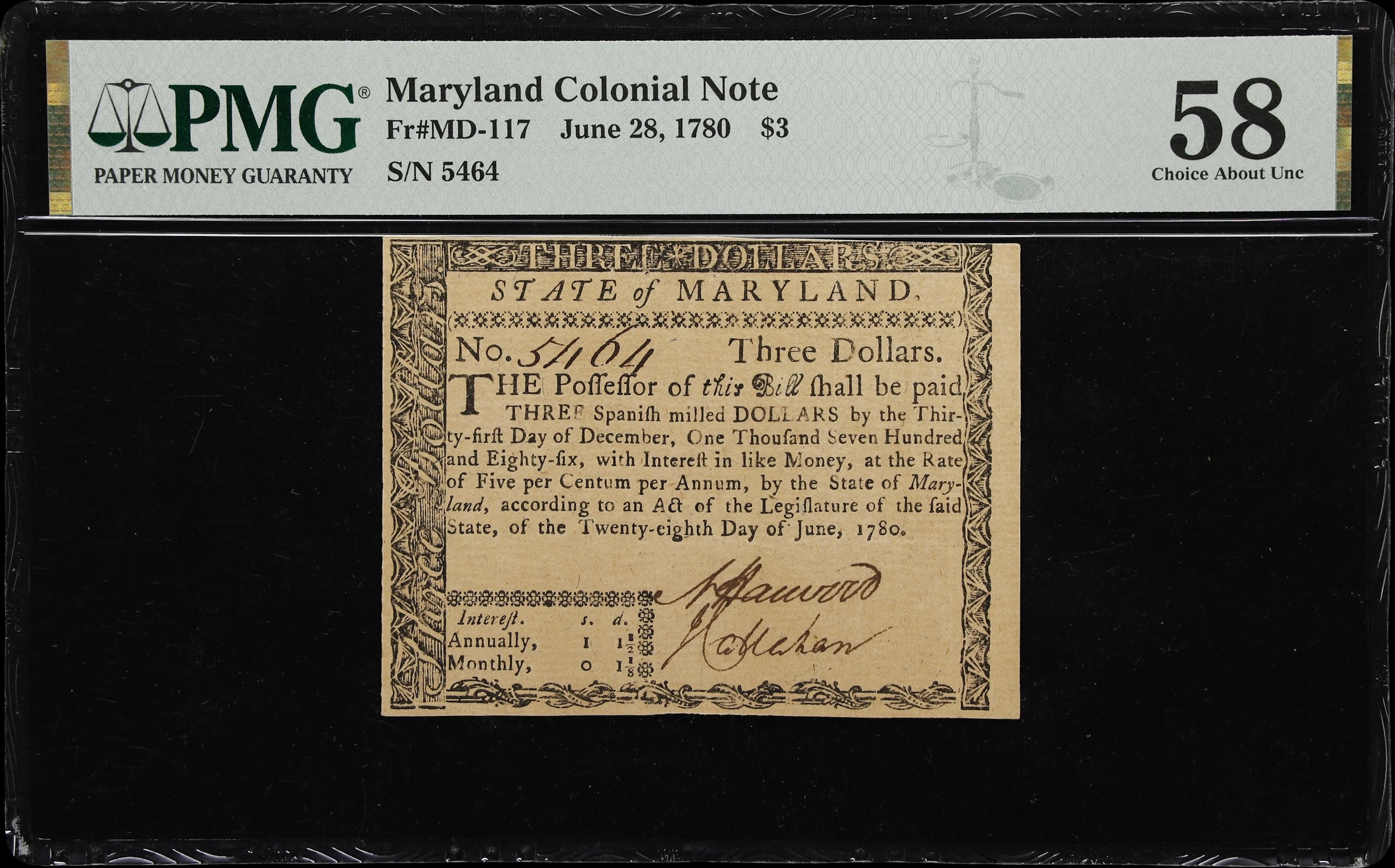 MD-117. Maryland. June 28, 1780. $3. PMG Choice About Uncirculated 58.