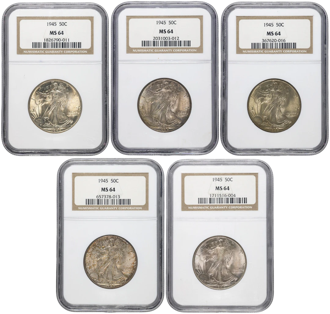 Lot of (5) 1945 Walking Liberty Half Dollars. MS-64 (NGC).