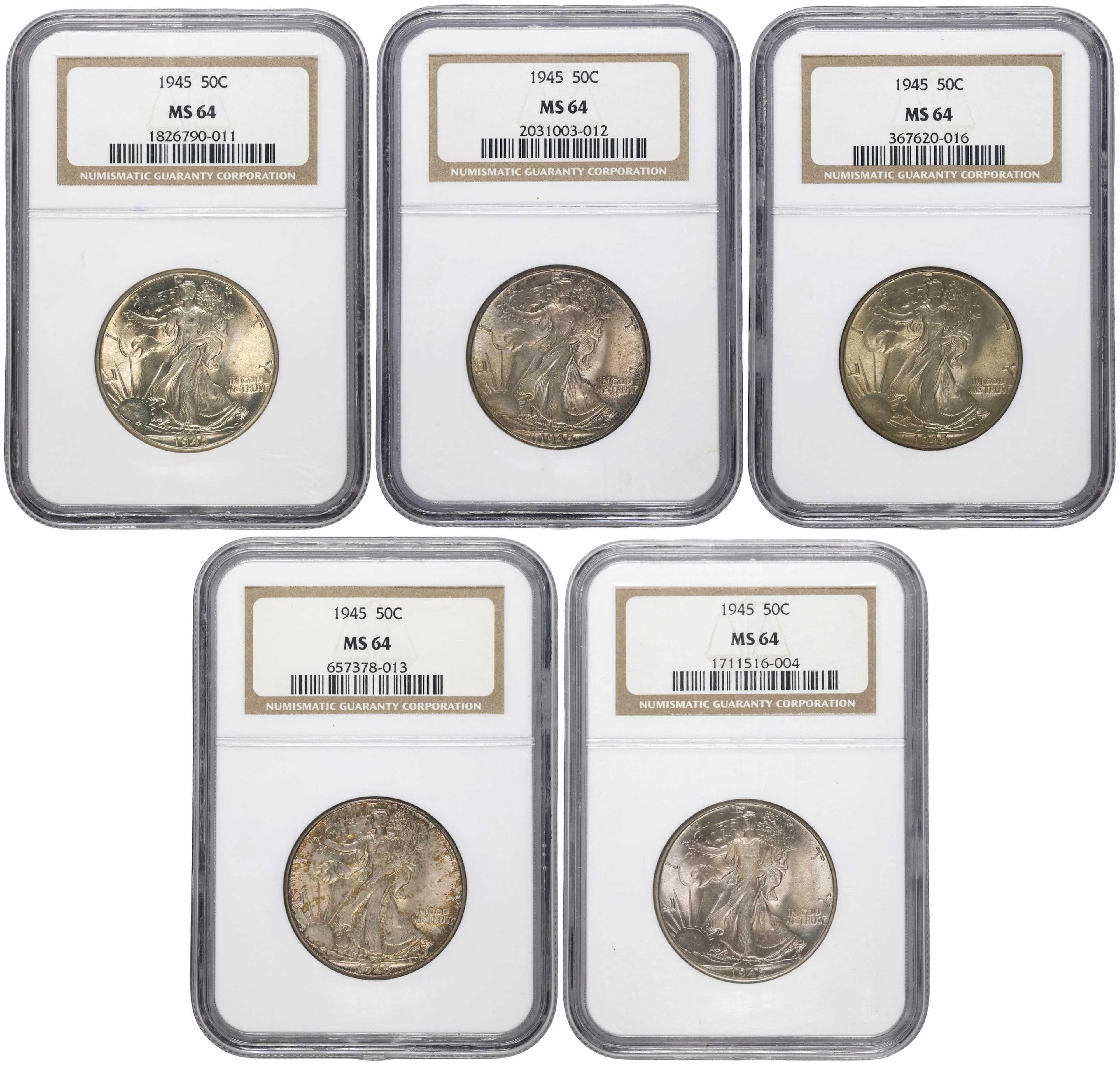 Lot of (5) 1945 Walking Liberty Half Dollars. MS-64 (NGC).