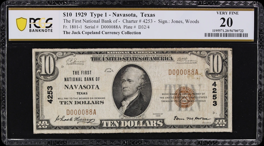 Navasota, Texas. $10 1929 Ty. 1. Fr. 1801-1. First NB. Charter #4253.