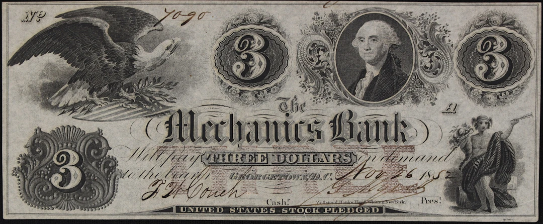 Georgetown, District of Columbia. Mechanics Bank. 1852 $3. Choice Uncirculated.