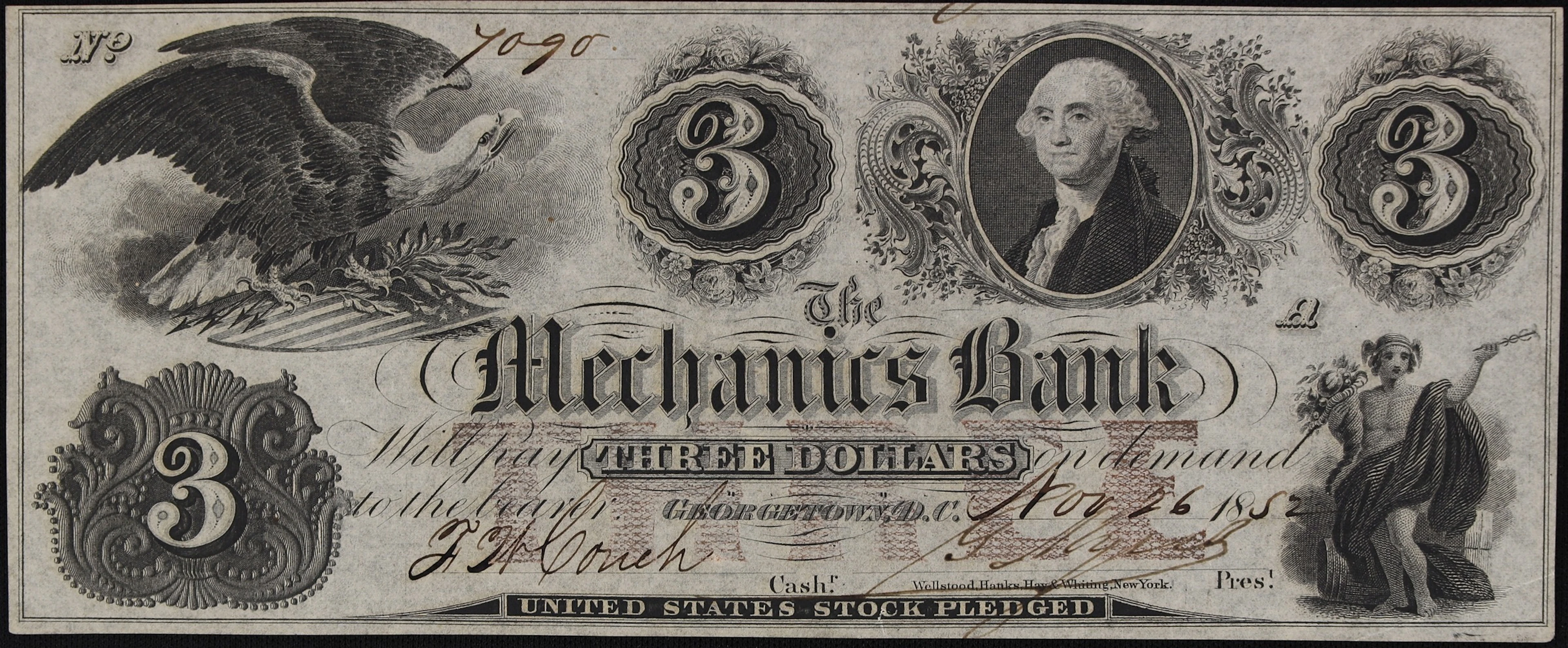 Georgetown, District of Columbia. Mechanics Bank. 1852 $3. Choice Uncirculated.