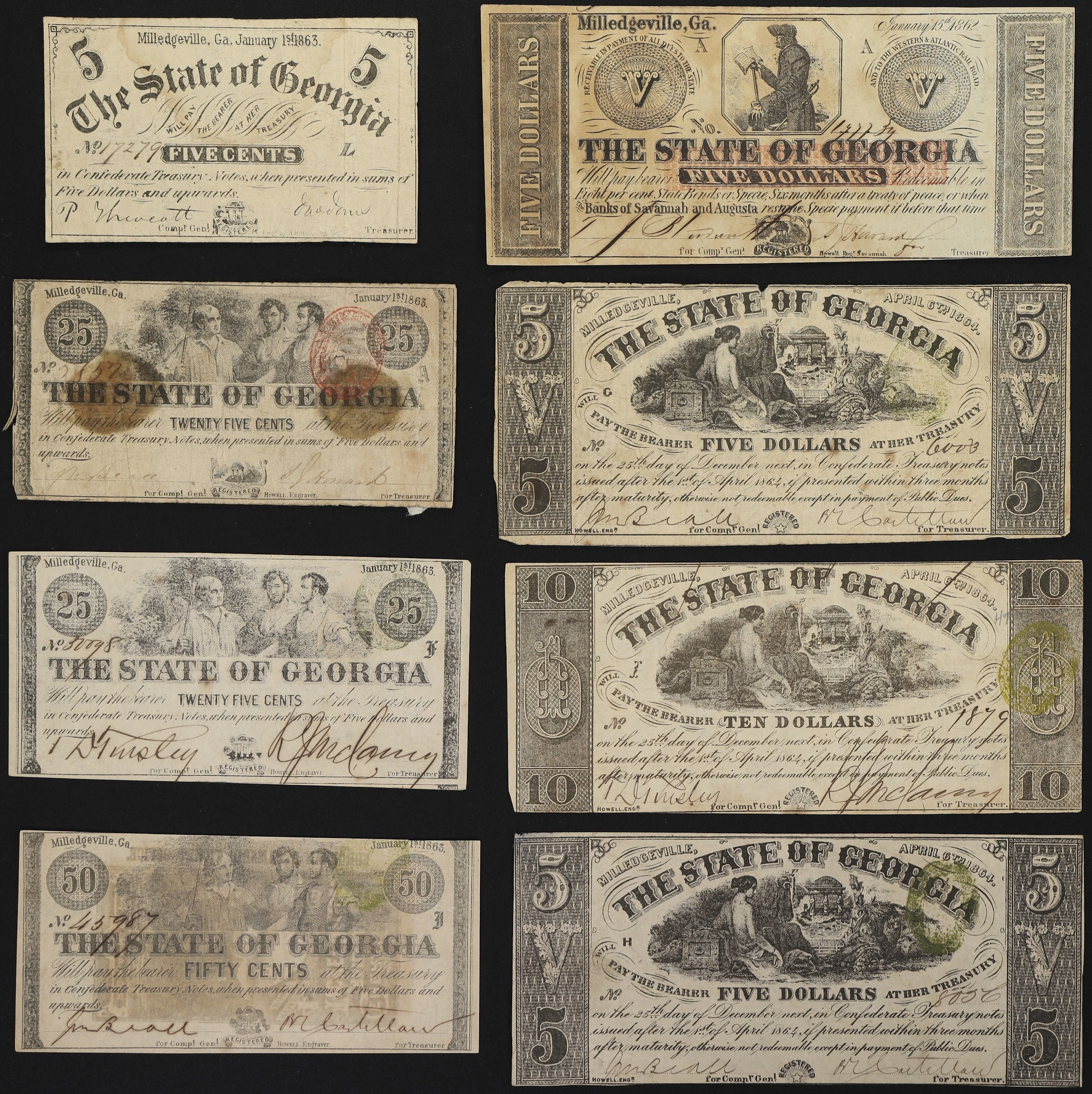 Lot of (8) Milledgeville, Georgia. State of Georgia. 1860s Mixed Denominations.
