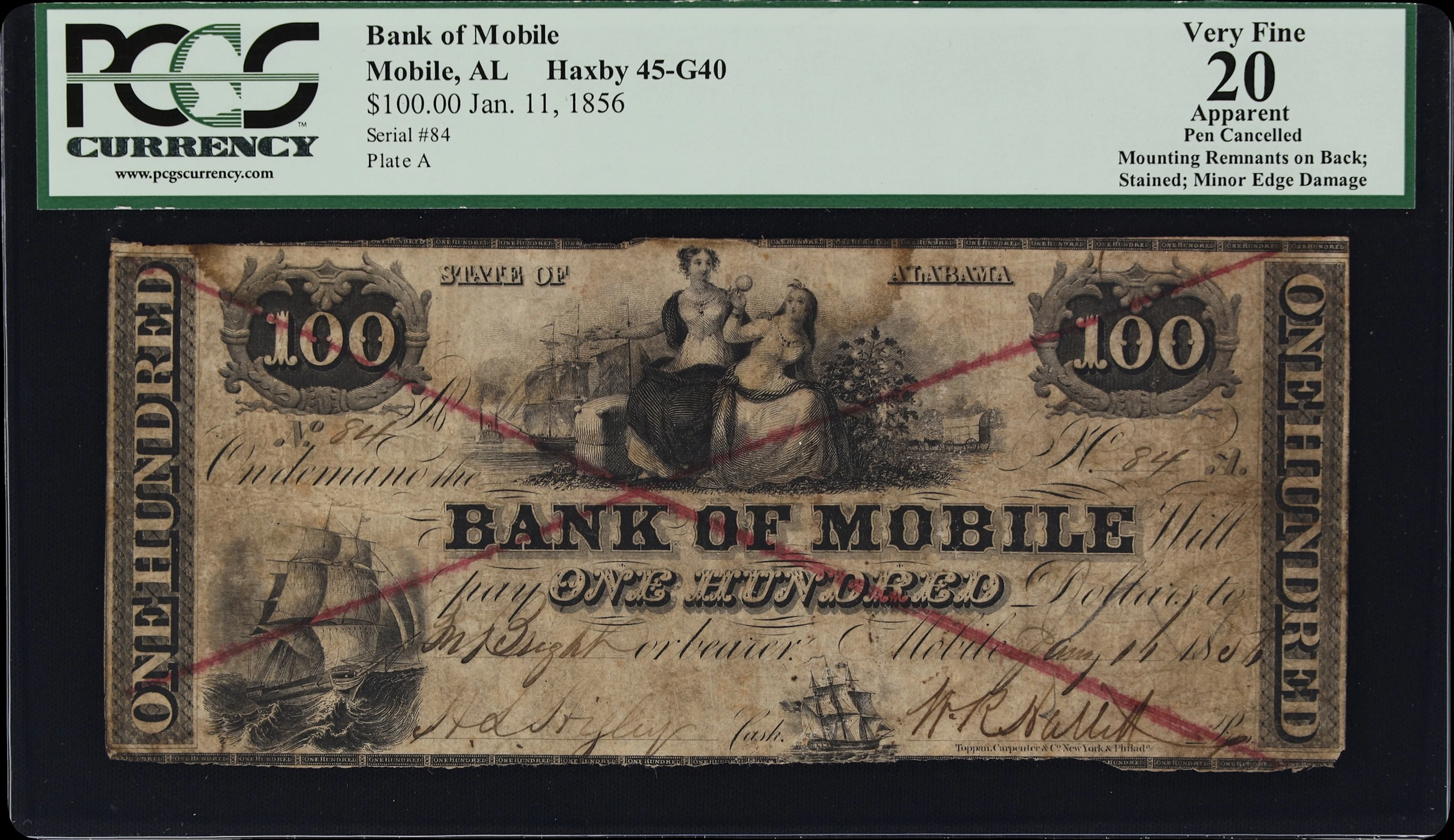 Mobile, Alabama. Bank of Mobile. 1856 $100. PCGS Currency Very Fine