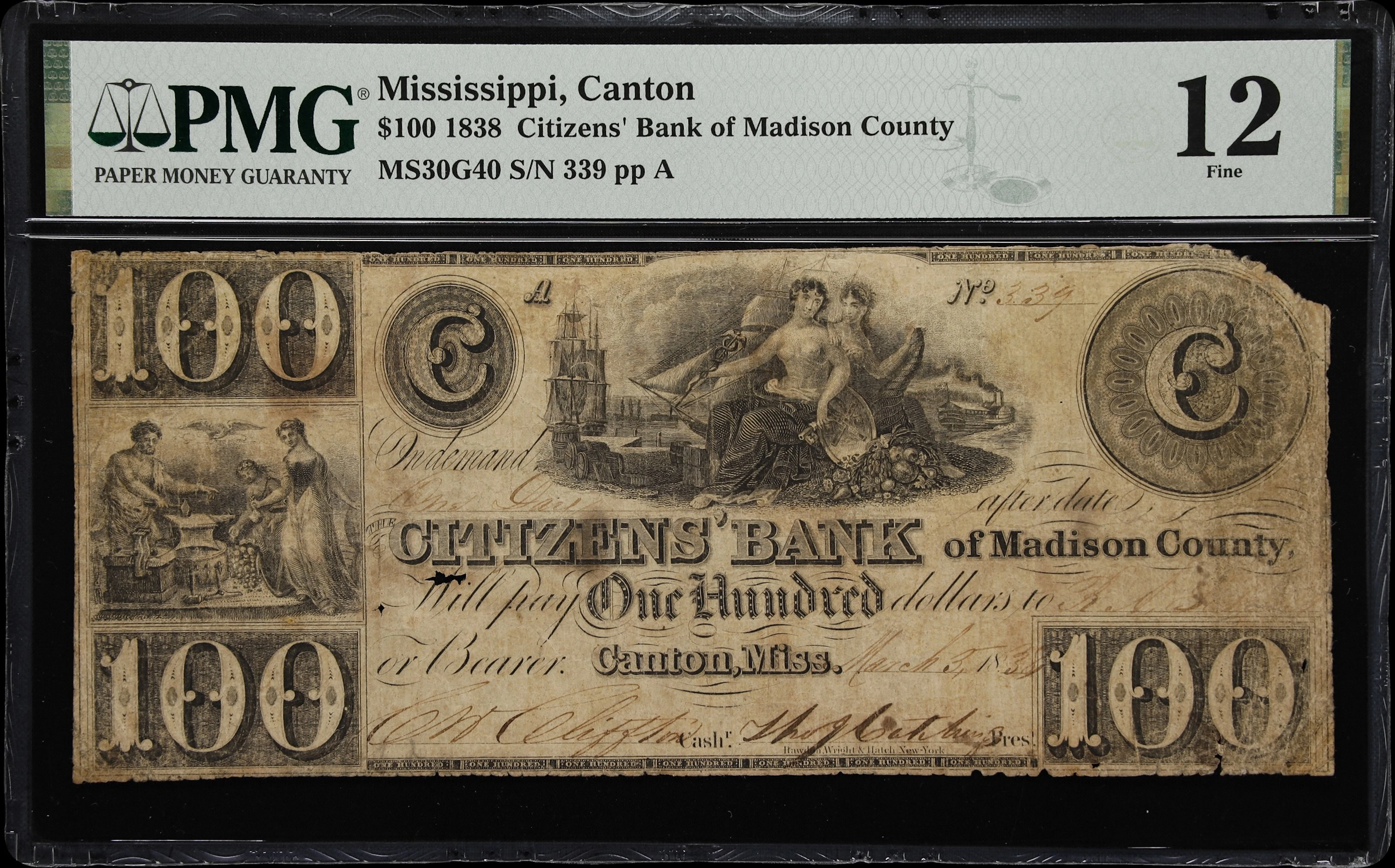Canton, Mississippi. Citizens' Bank of Madison County. 1838 $100. PMG Fine 12.