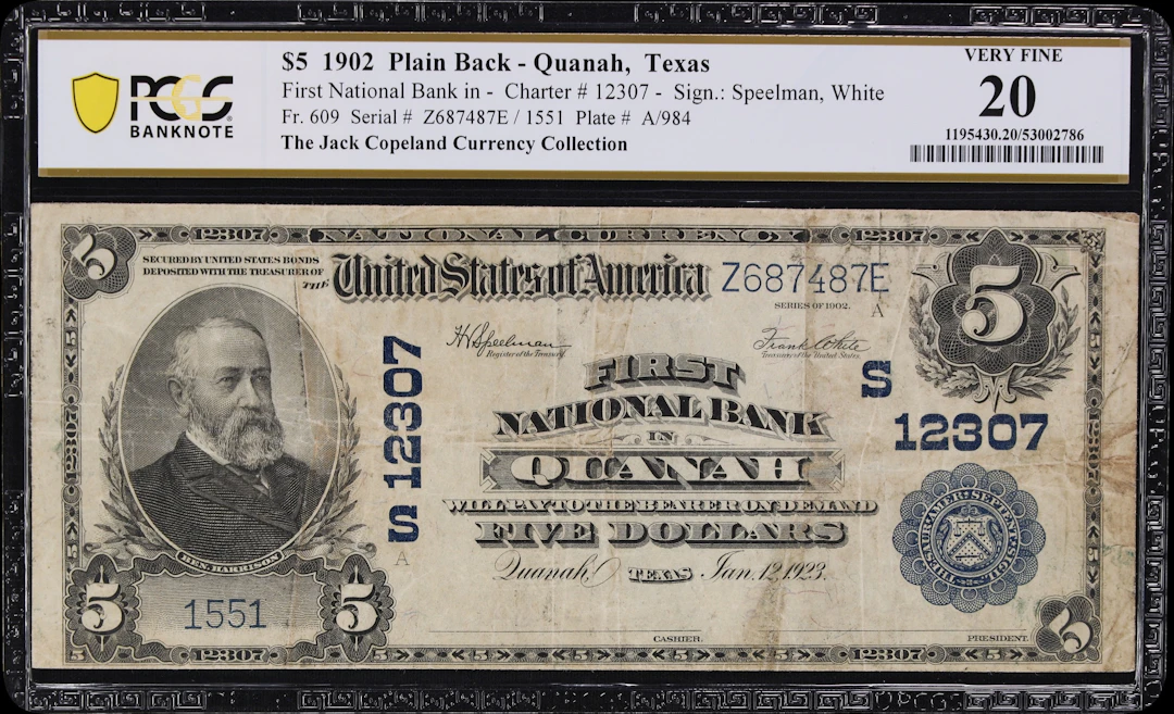 Quanah, Texas. $5 1902 Plain Back. Fr. 609. First NB. Charter #12307.