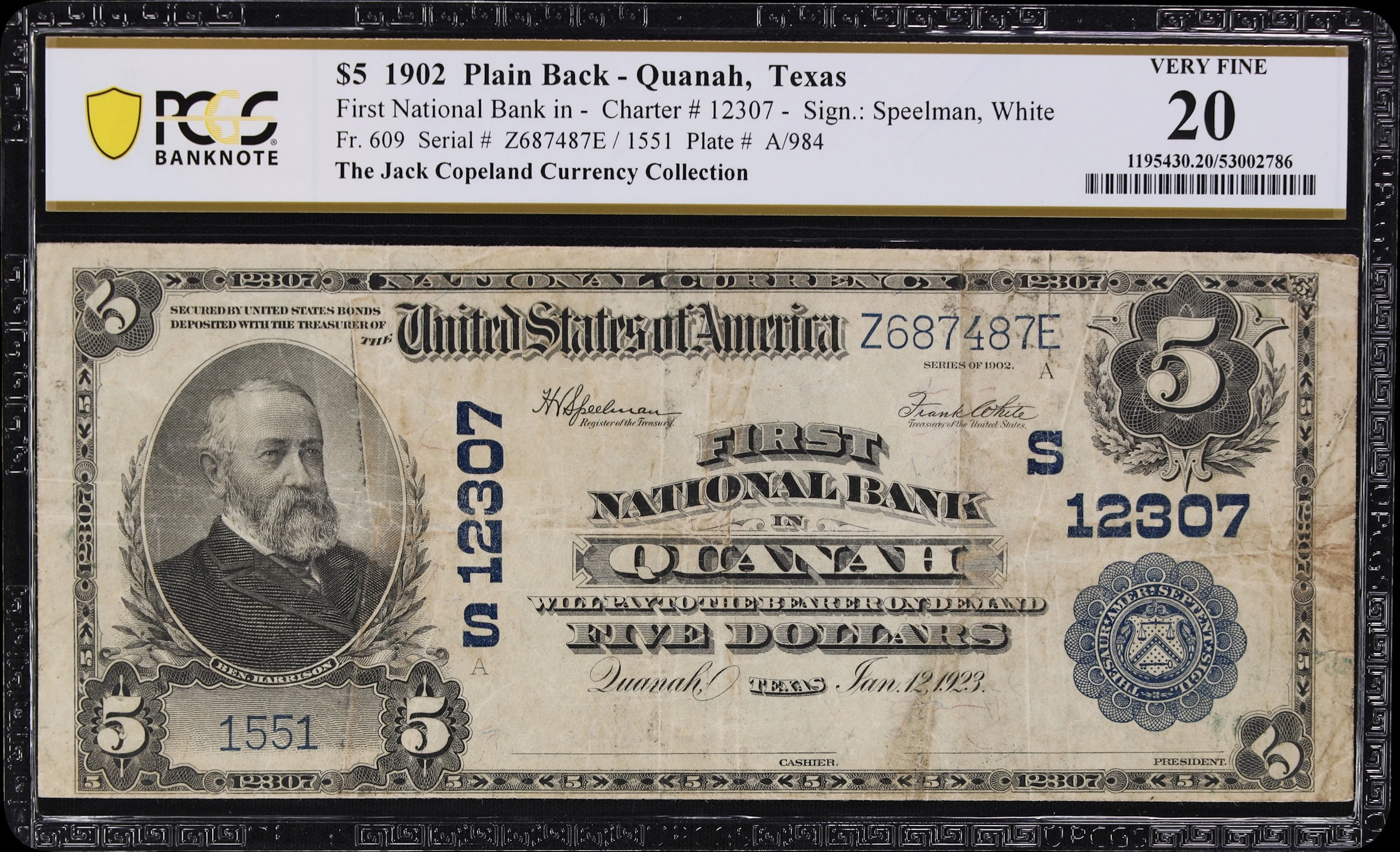 Quanah, Texas. $5 1902 Plain Back. Fr. 609. First NB. Charter #12307.