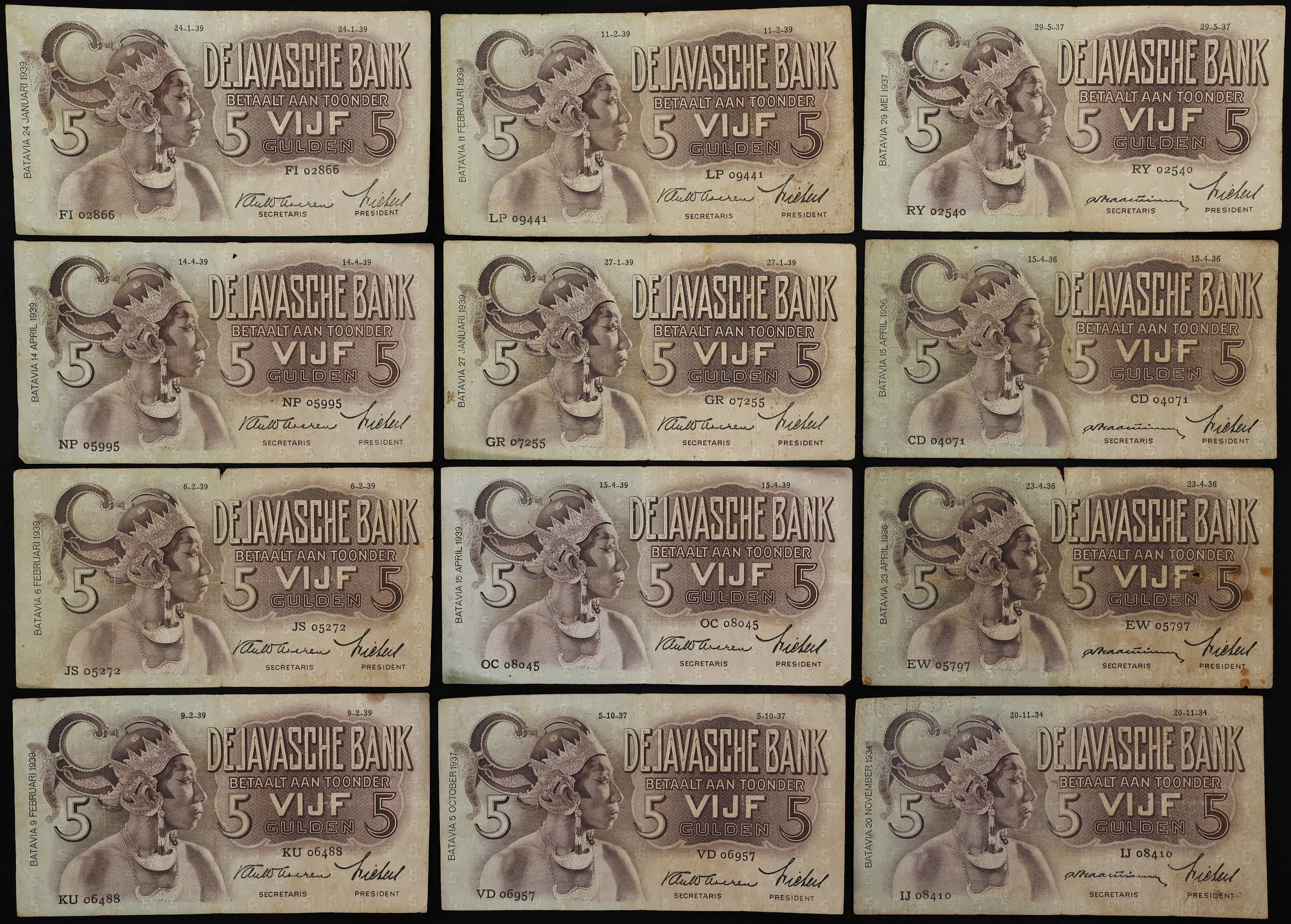 NETHERLANDS INDIES. Lot of (12). Javasche Bank. 5 Gulden, 1934-39.