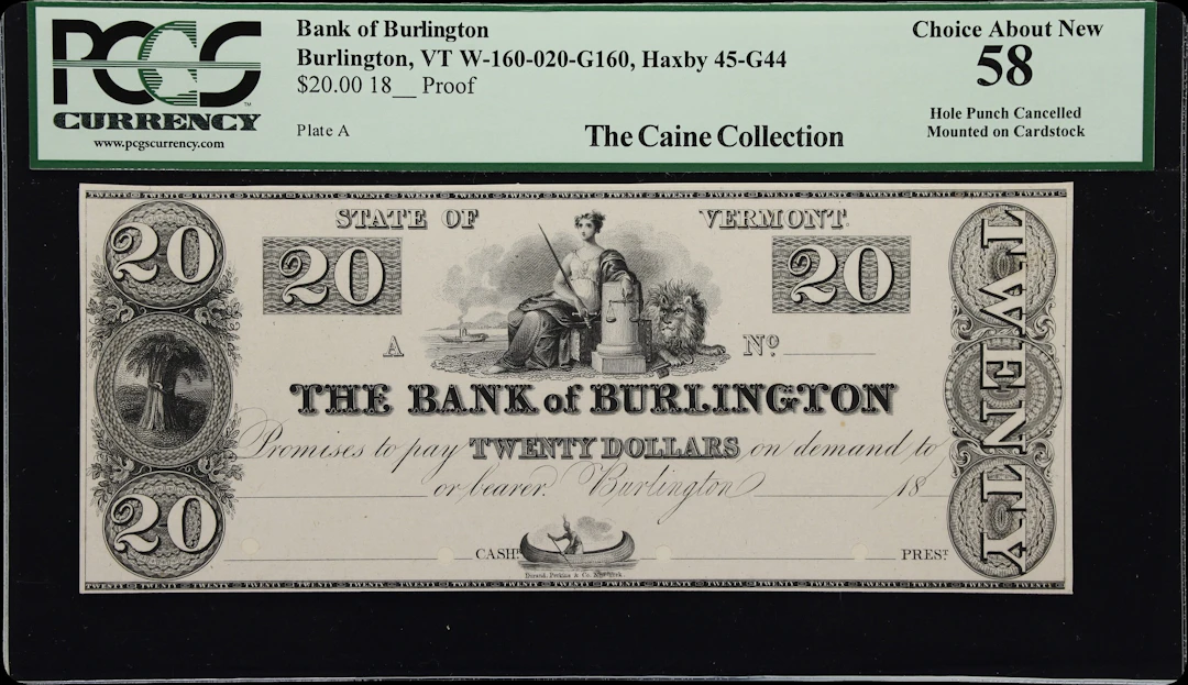 Burlington, Vermont. Bank of Burlington. 18xx $20. PCGS Currency Choice