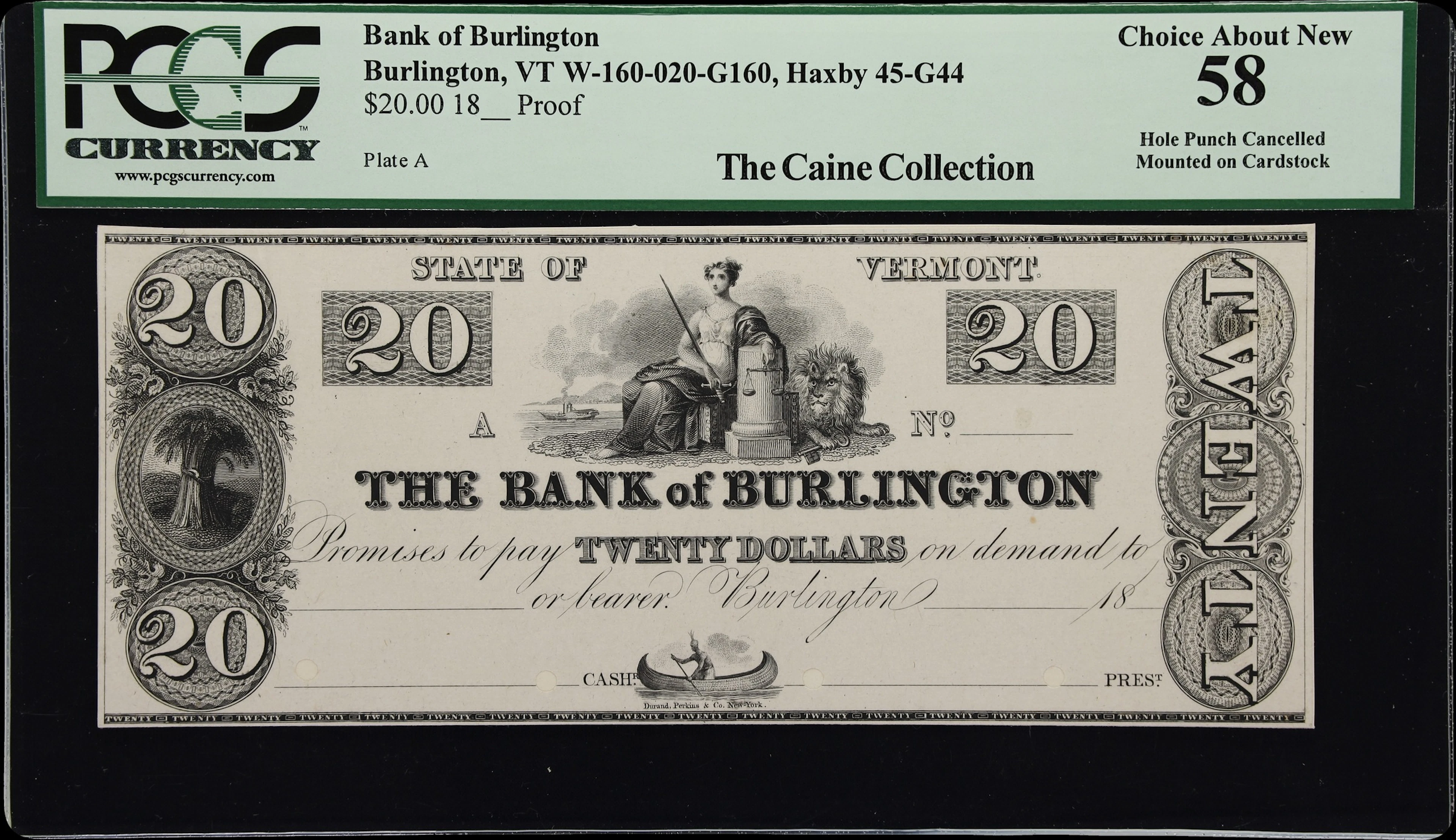 Burlington, Vermont. Bank of Burlington. 18xx $20. PCGS Currency Choice
