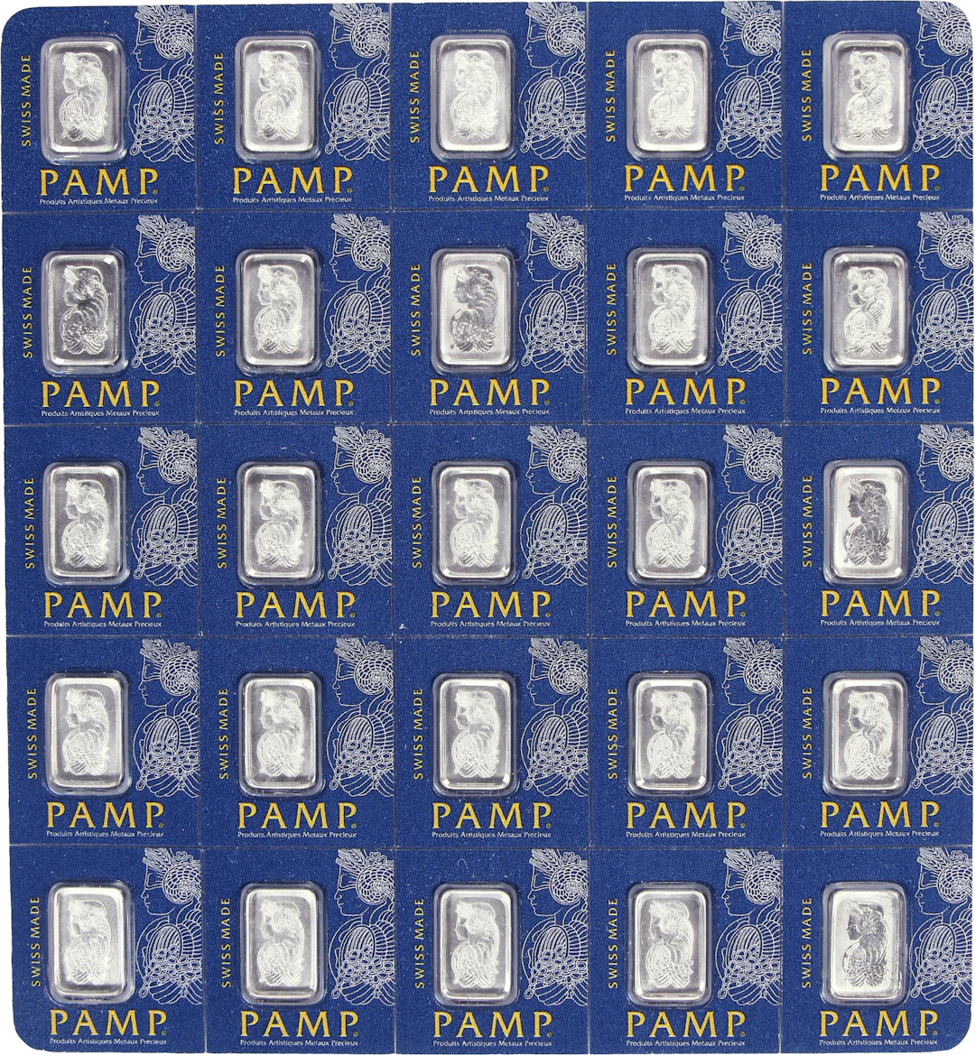 (0.804 oz, 25 g APtW). Lot of (25) PAMP 1 gram Platinum Bars.