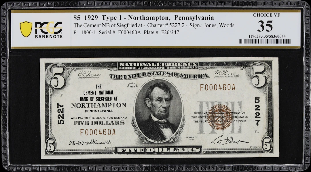 Northampton, Pennsylvania. $5 1929 Ty. 1. Fr. 1800-1. Cement NB of