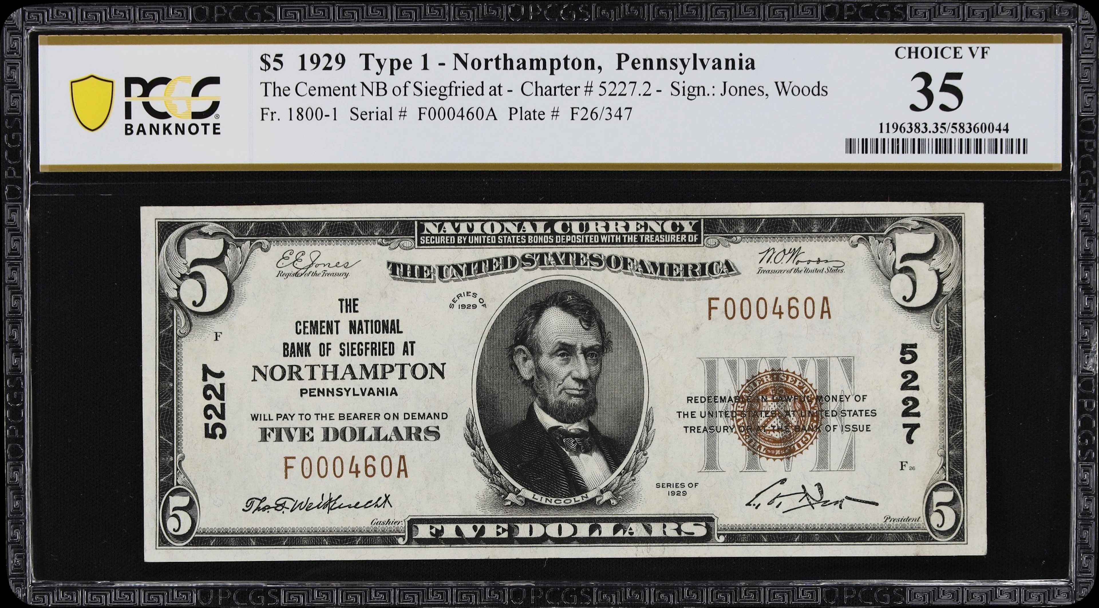 Northampton, Pennsylvania. $5 1929 Ty. 1. Fr. 1800-1. Cement NB of
