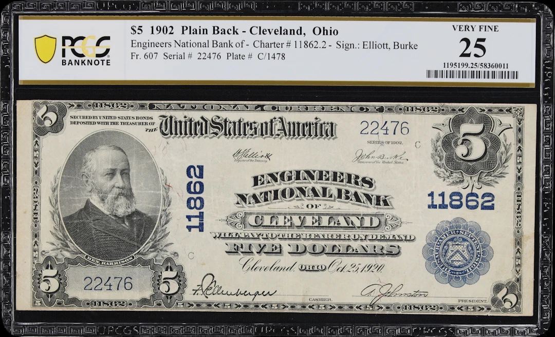 Cleveland, Ohio. $5 1902 Plain Back. Fr. 607. Engineers NB. Charter