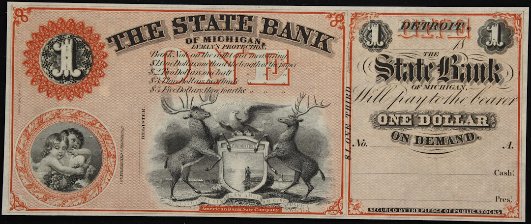 Detroit, Michigan. State Bank of Michigan. 18xx $1. Choice Uncirculated.