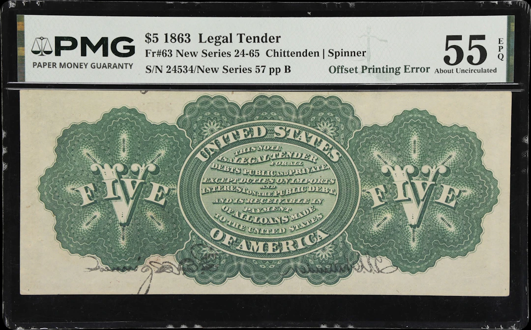Fr. 63. 1863 $5 Legal Tender Note. PMG About Uncirculated 55 EPQ.