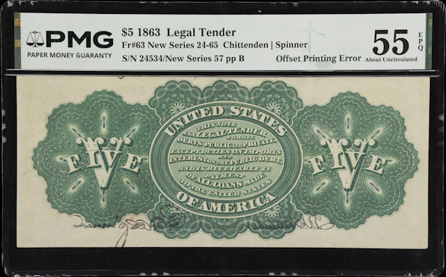 Fr. 63. 1863 $5 Legal Tender Note. PMG About Uncirculated 55 EPQ.