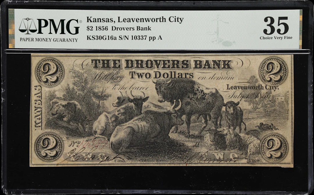 Leavenworth City, Territory of Kansas. Drovers Bank. 1856 $2. PMG