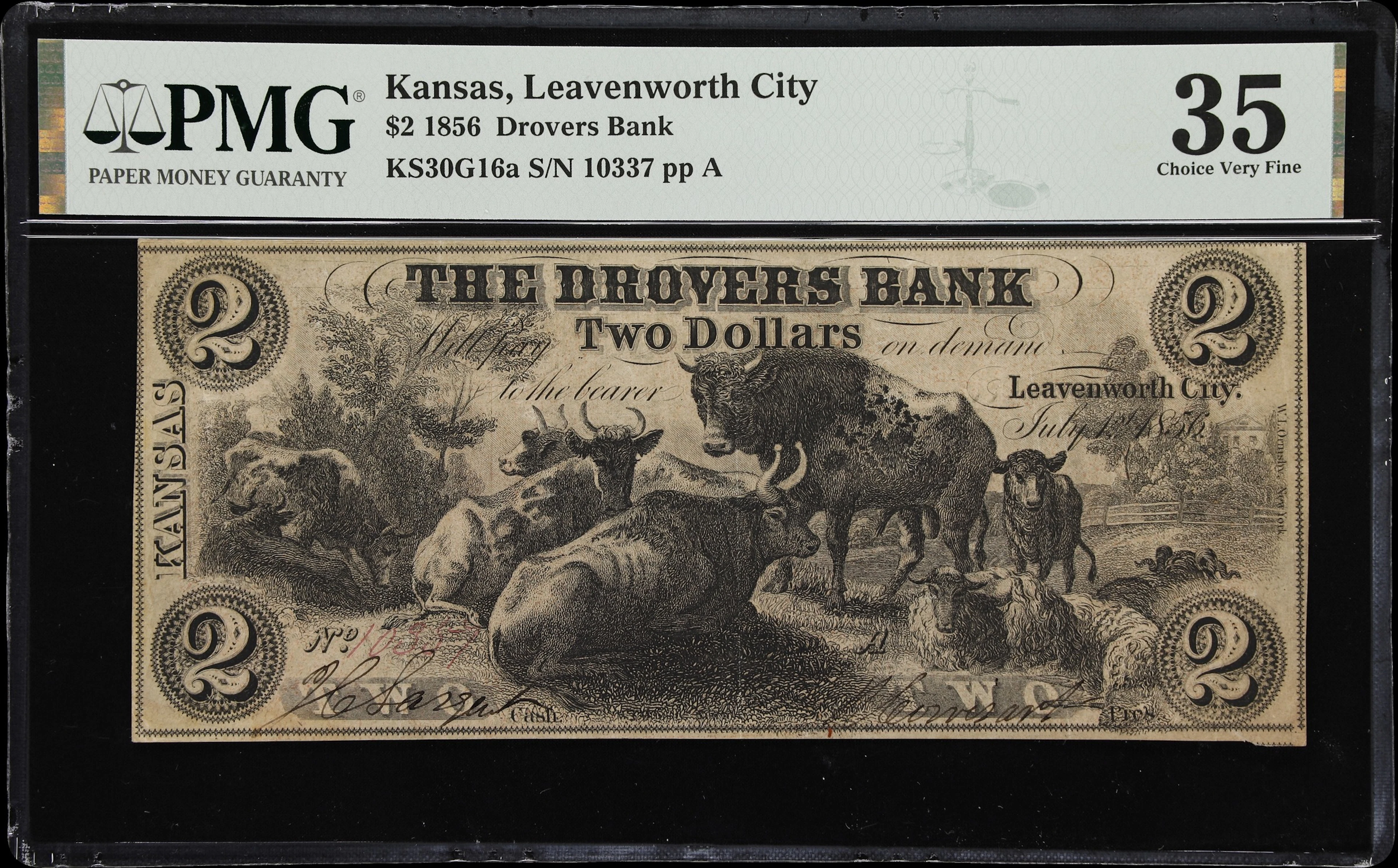 Leavenworth City, Territory of Kansas. Drovers Bank. 1856 $2. PMG
