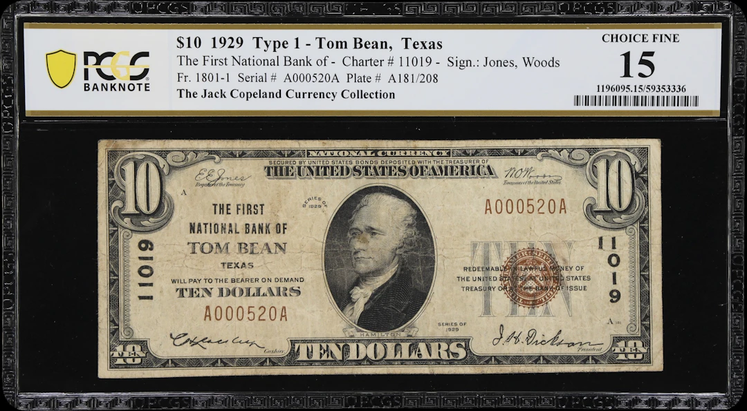 Tom Bean, Texas. $10 1929 Ty. 1. Fr. 1801-1. First NB. Charter #11019.