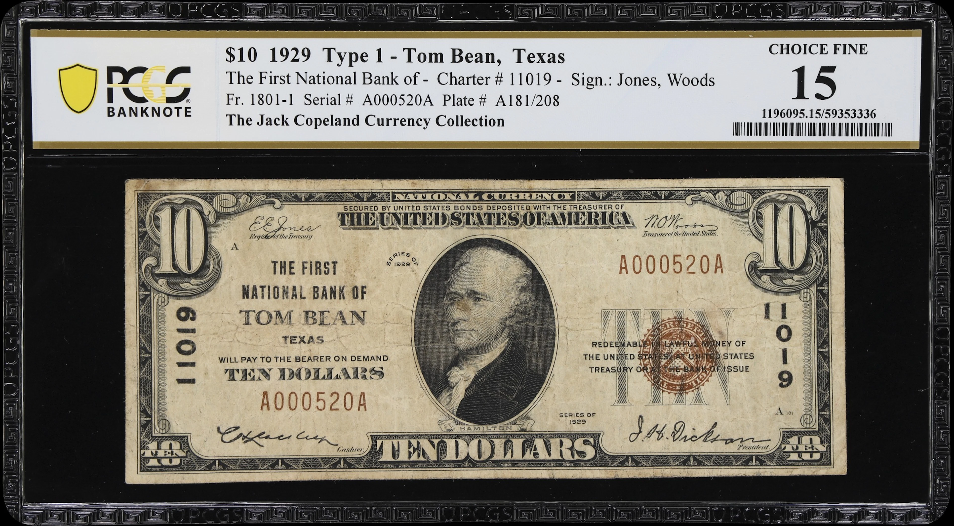 Tom Bean, Texas. $10 1929 Ty. 1. Fr. 1801-1. First NB. Charter #11019.
