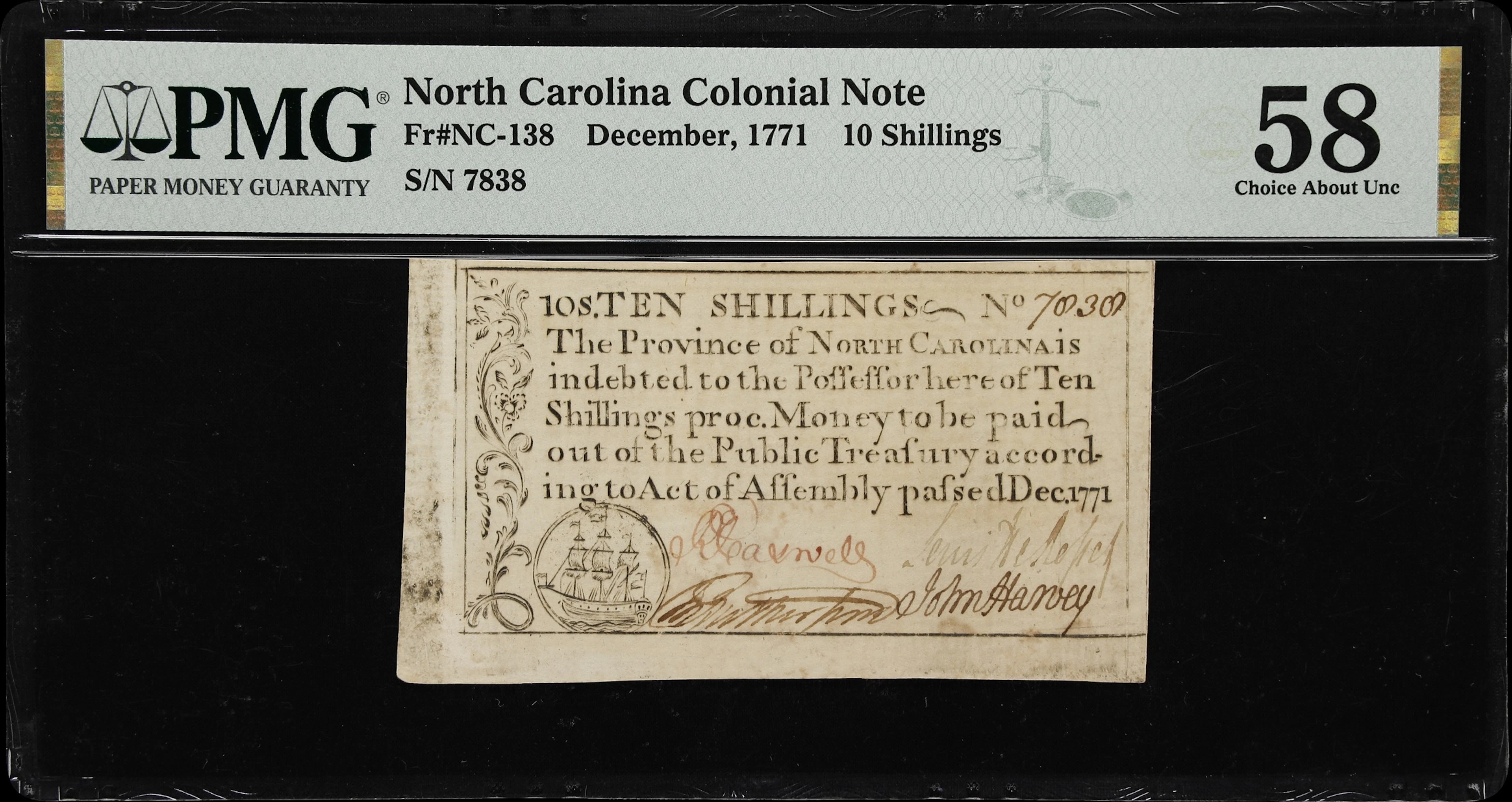NC-138. North Carolina. December, 1771. 10 Shillings. PMG Choice About