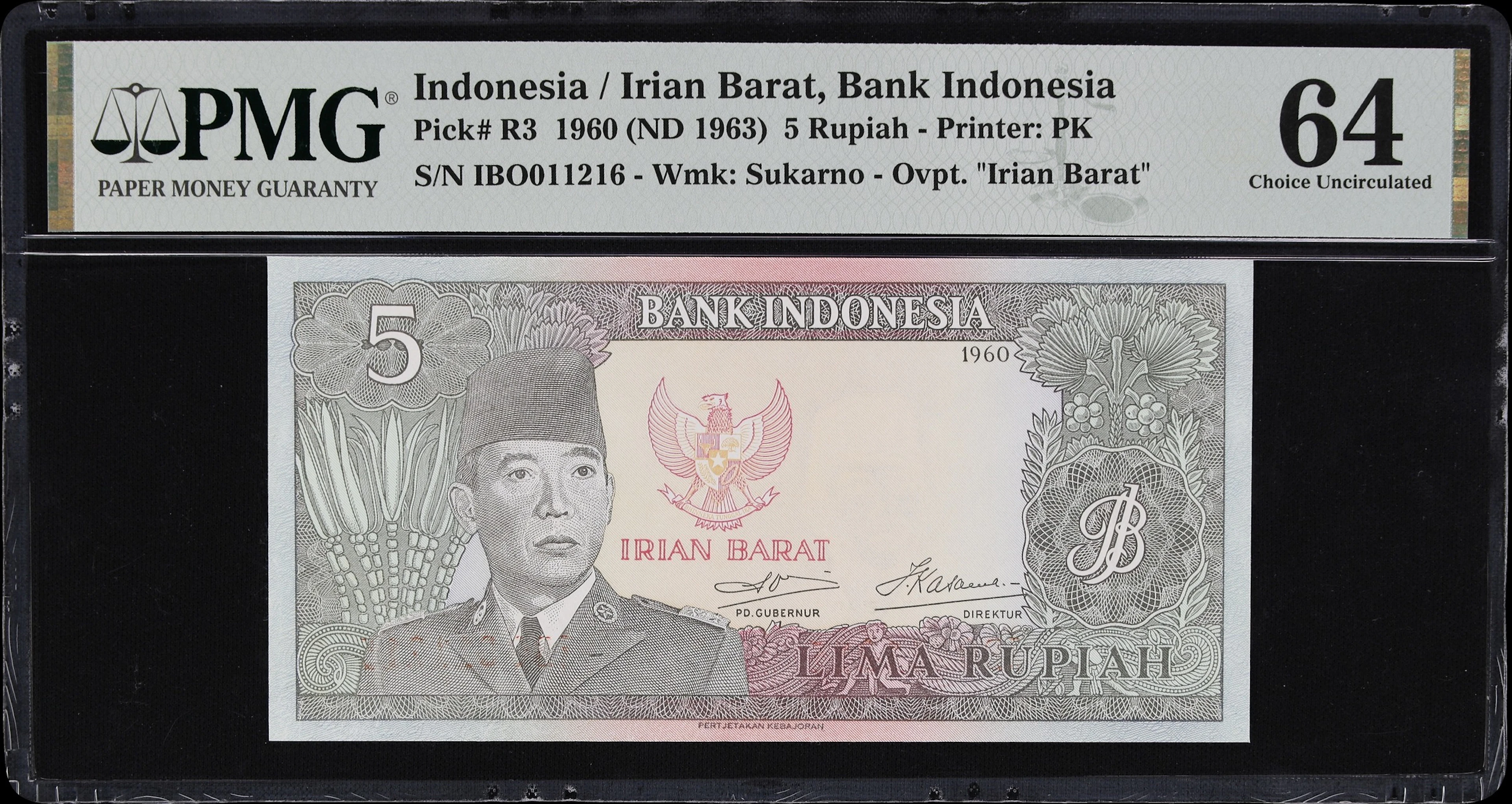 INDONESIA. Bank Indonesia. 5 Rupiah, 1960. P-R3. PMG Choice Uncirculated 64.