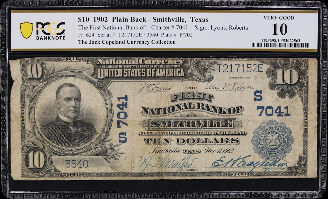 Smithville, Texas. $10 1902 Plain Back. Fr. 624. First NB. Charter