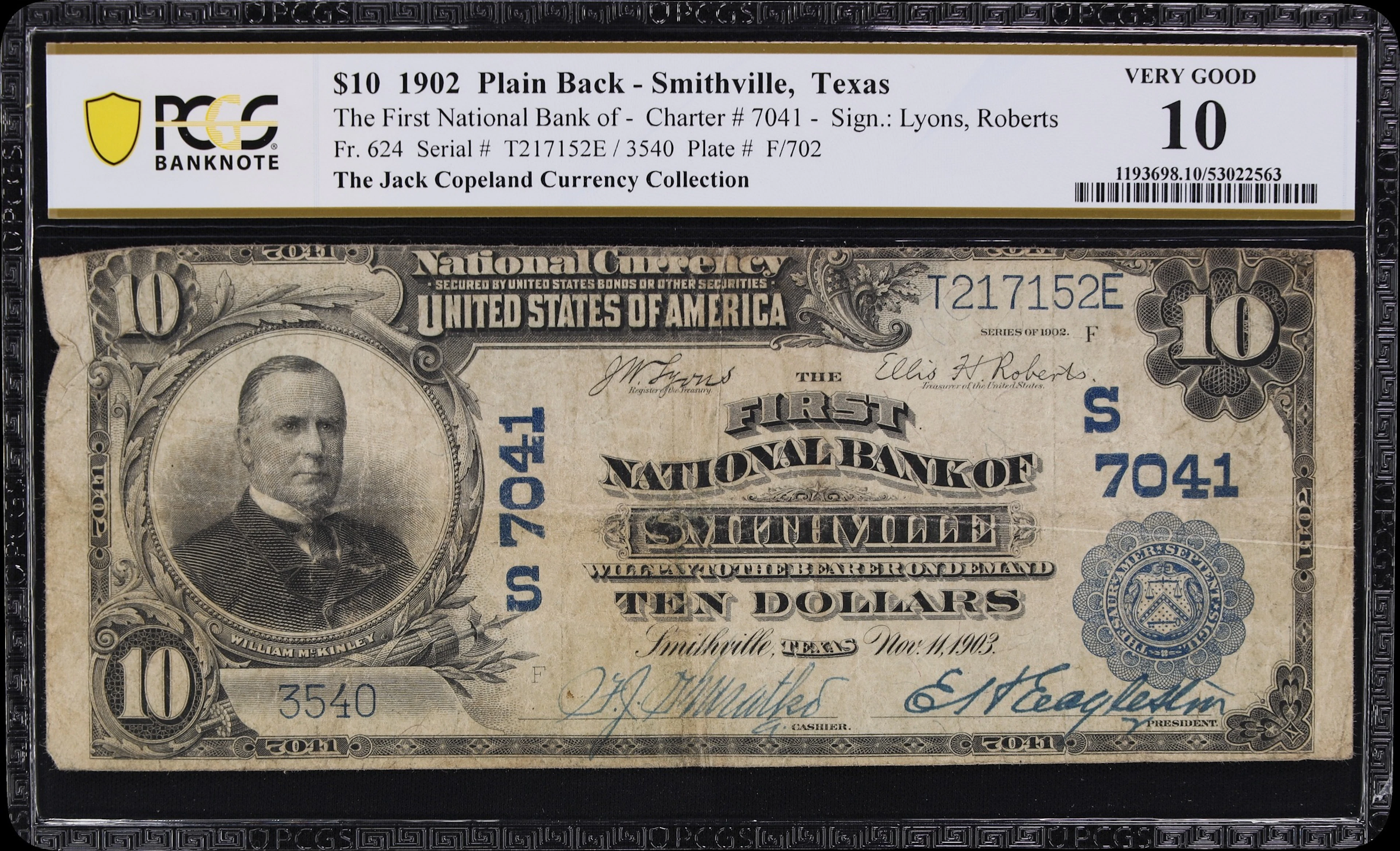 Smithville, Texas. $10 1902 Plain Back. Fr. 624. First NB. Charter