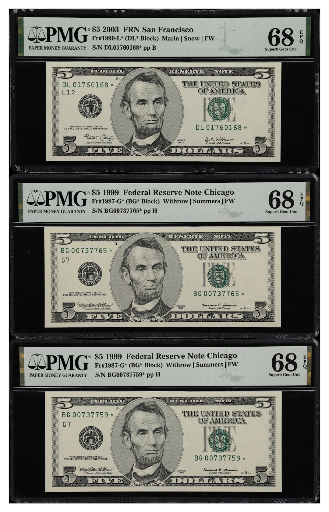 Lot of (3) Fr. 1987-G* & 1990-L*. 1999-2003 $5 Federal Reserve Star