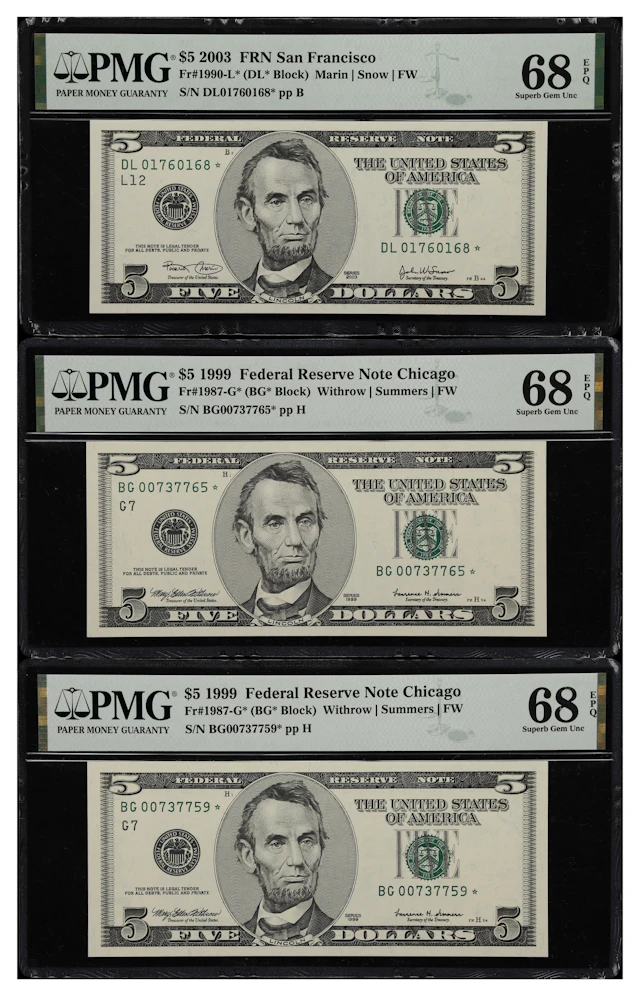 Lot of (3) Fr. 1987-G* & 1990-L*. 1999-2003 $5 Federal Reserve Star