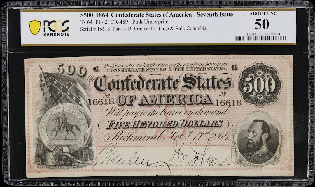 T-64. Confederate Currency. 1864 $500. PCGS Banknote About Uncirculated