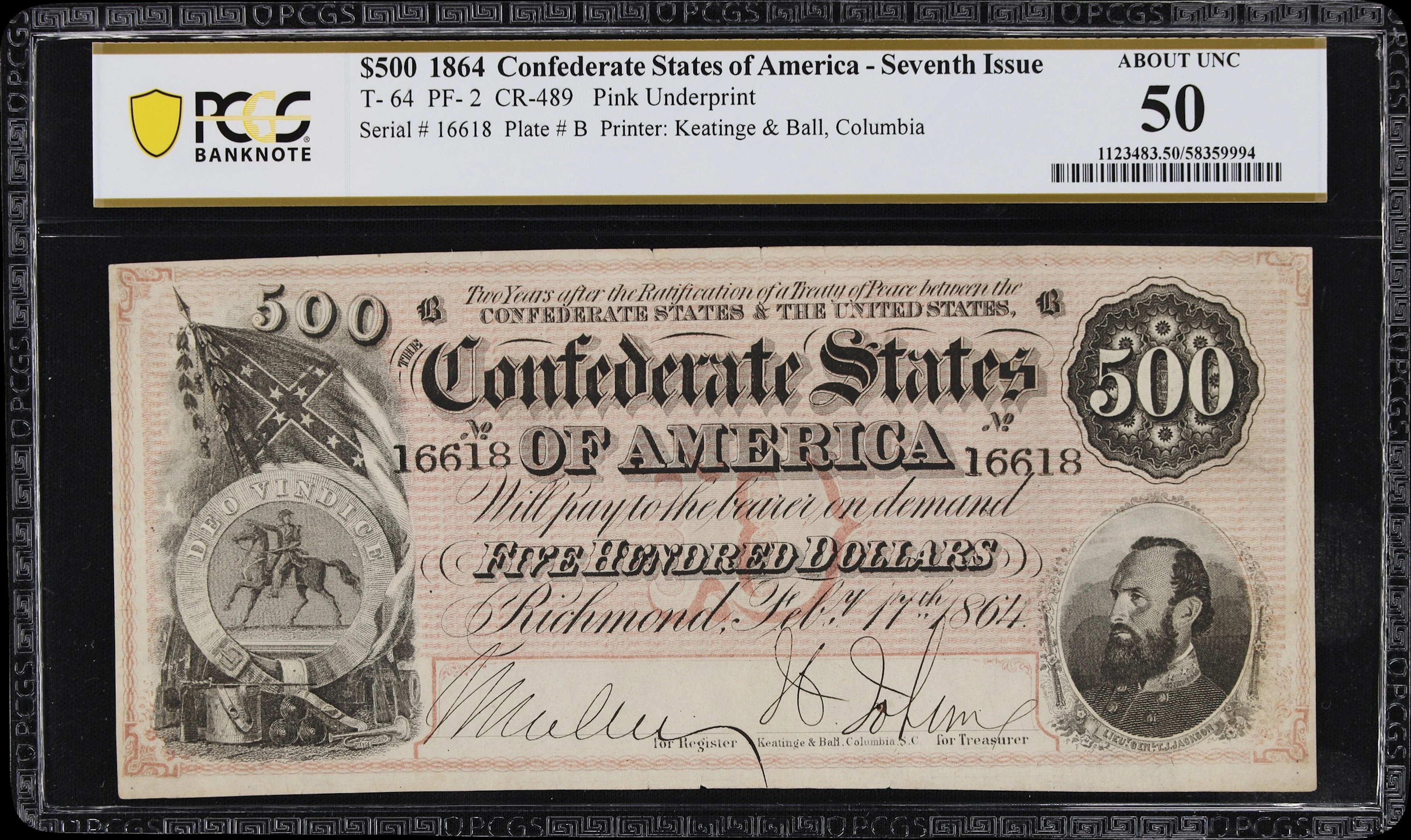 T-64. Confederate Currency. 1864 $500. PCGS Banknote About Uncirculated