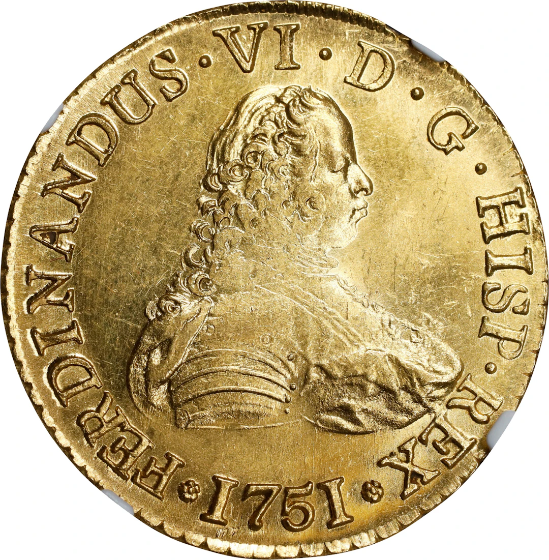 CHILE. 8 Escudos, 1751-So J. Santiago Mint. Ferdinand VI. NGC MS-64.