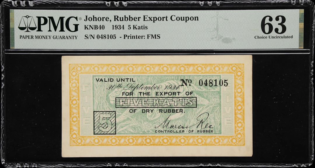 MALAYSIA / JOHORE. Rubber Export Coupon. 5 Katis, 30.9.1934. P-Unlisted.