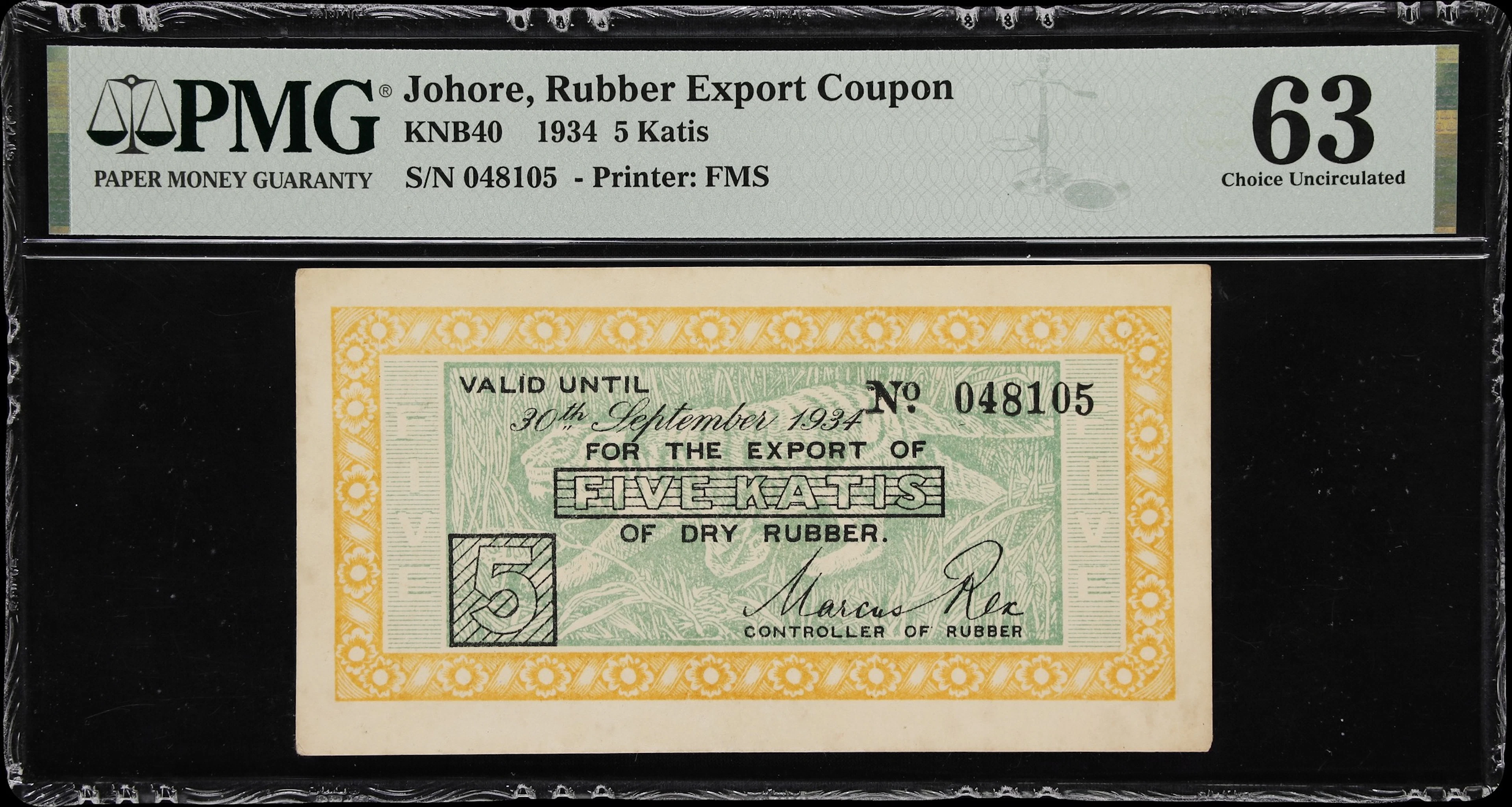 MALAYSIA / JOHORE. Rubber Export Coupon. 5 Katis, 30.9.1934. P-Unlisted.