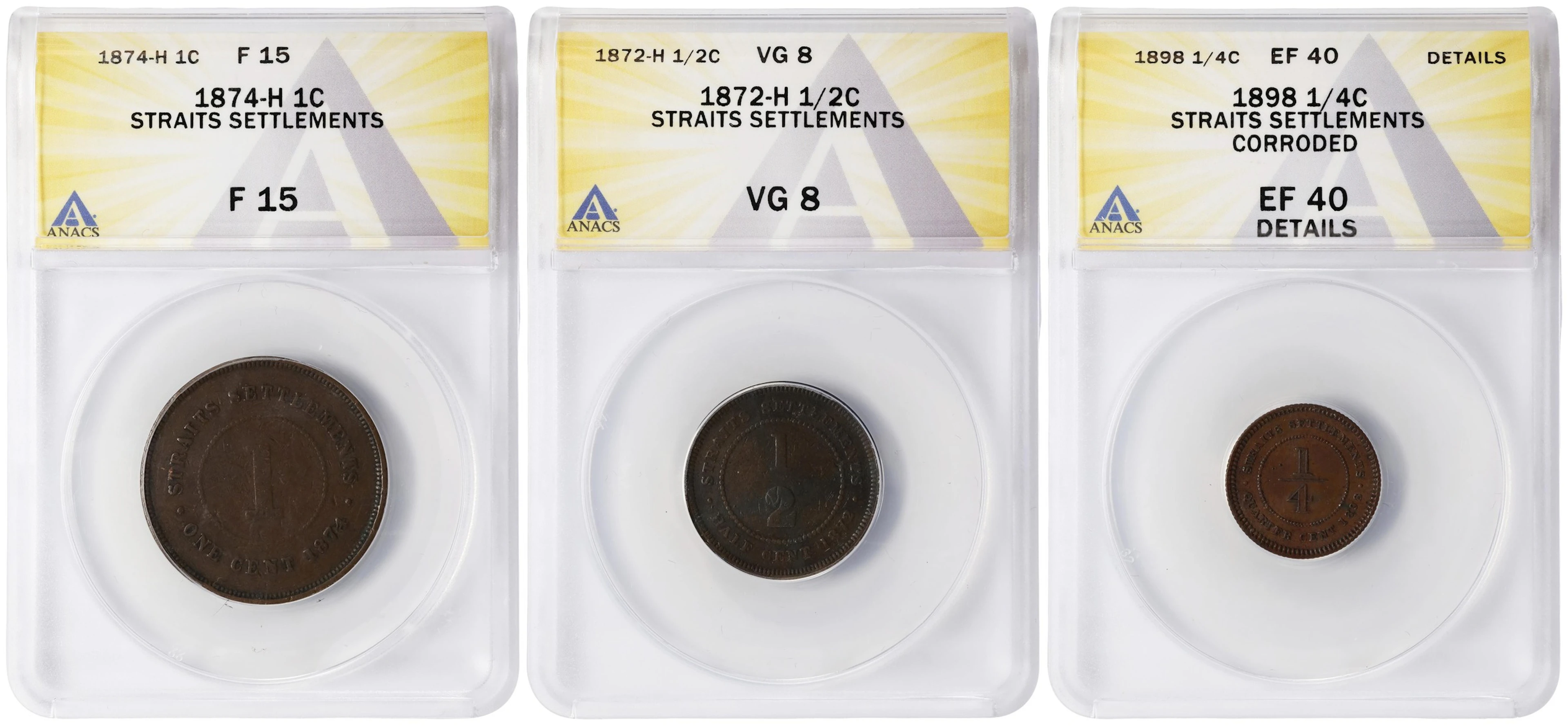 STRAITS SETTLEMENTS. Trio of Copper Minors (3 Pieces), 1872-98. Victoria.