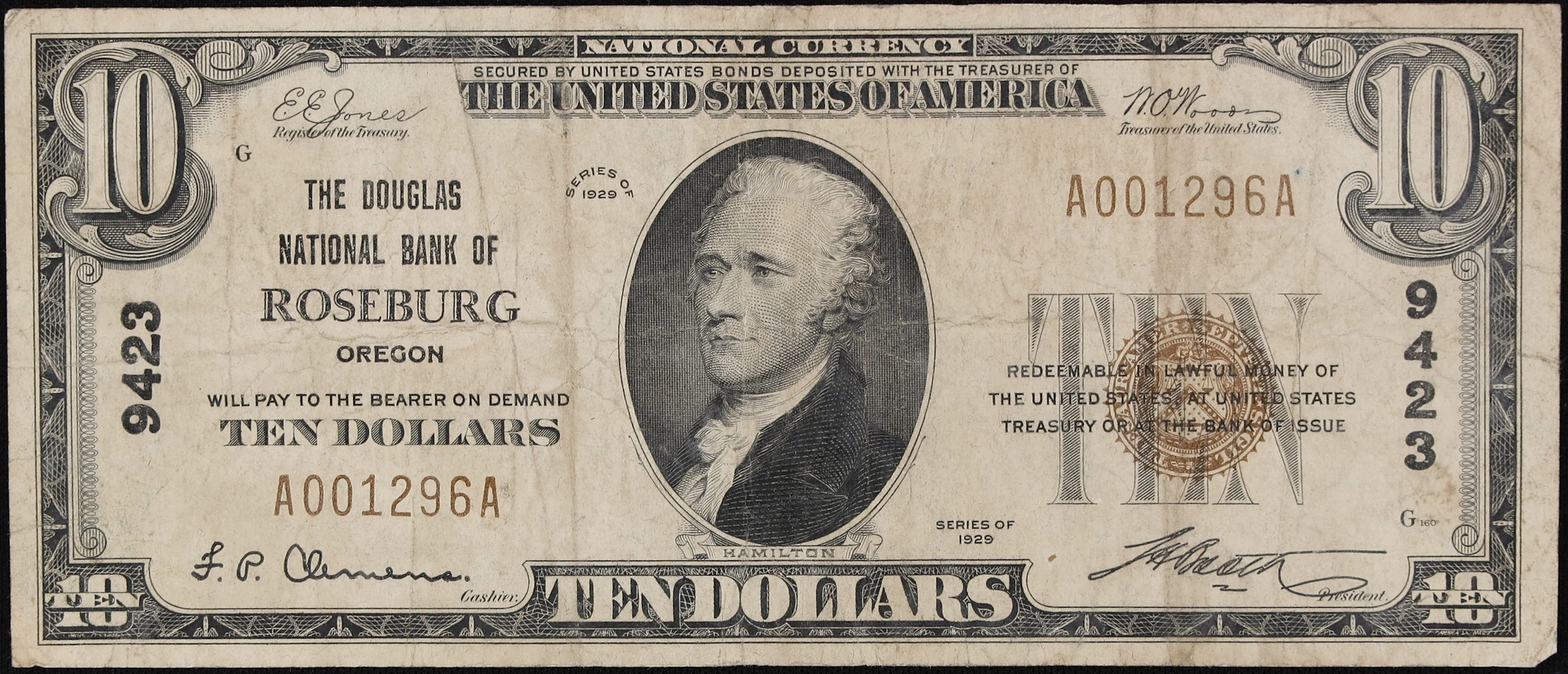 Roseburg, Oregon. $10 1929 Ty. 1. Fr. 1801-1. The Douglas NB. Charter