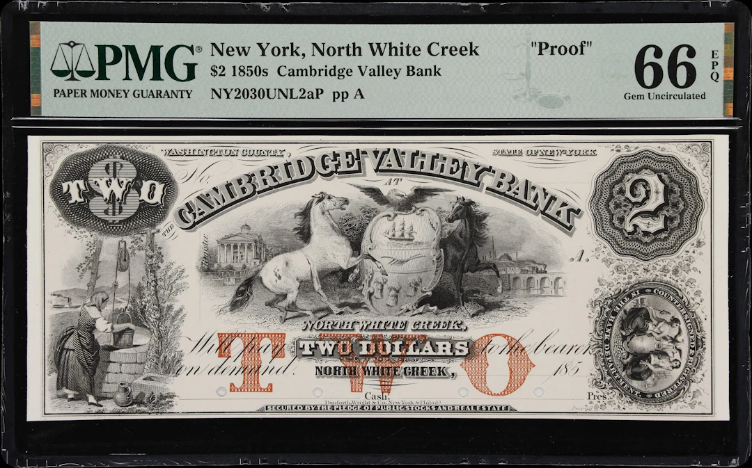 North White Creek, New York. Cambridge Valley Bank. 185x $2. PMG Gem