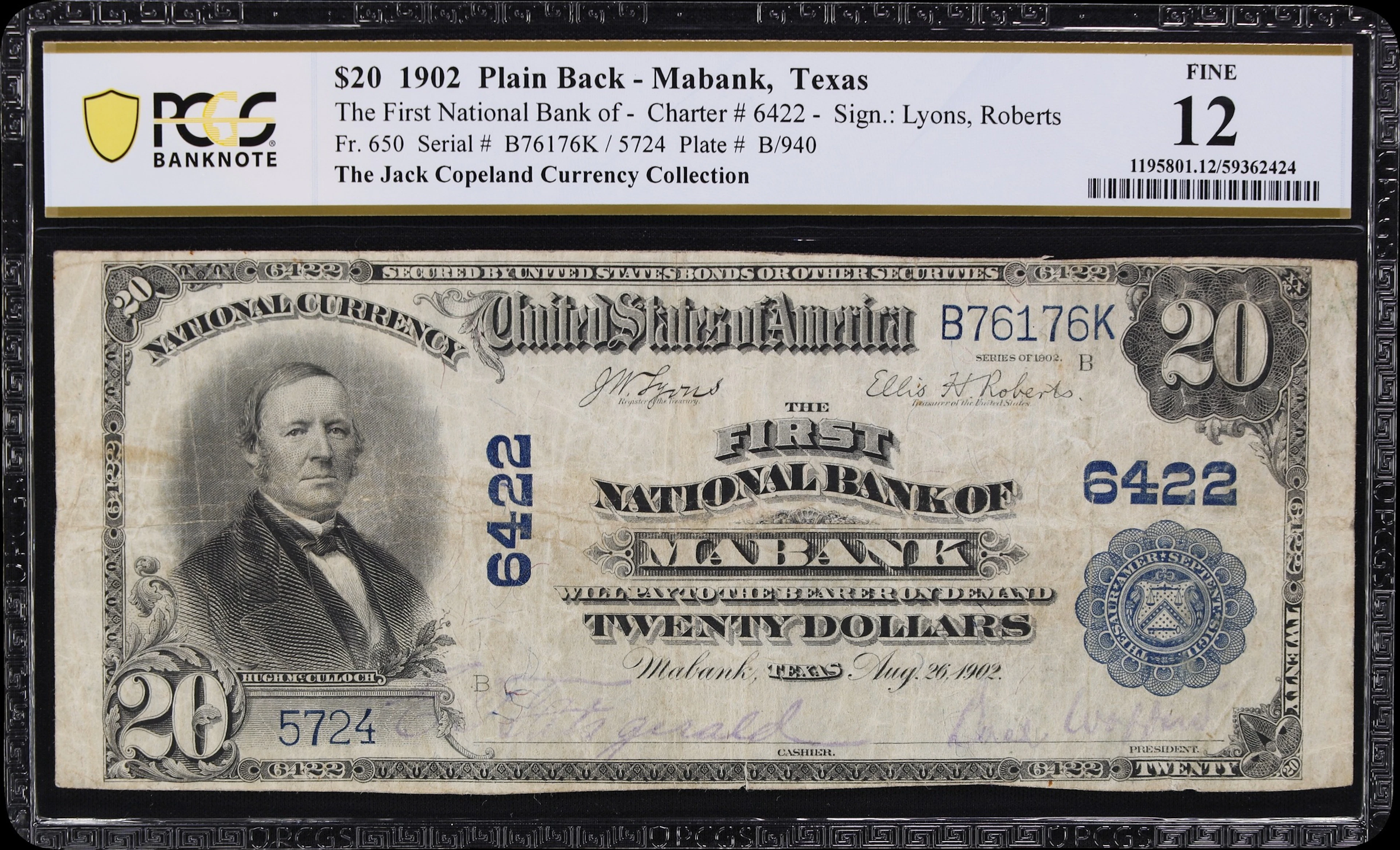 Mabank, Texas. $20 1902 Plain Back. Fr. 650. First NB. Charter #6422.