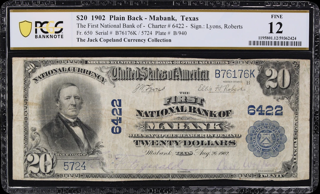 Mabank, Texas. $20 1902 Plain Back. Fr. 650. First NB. Charter #6422.