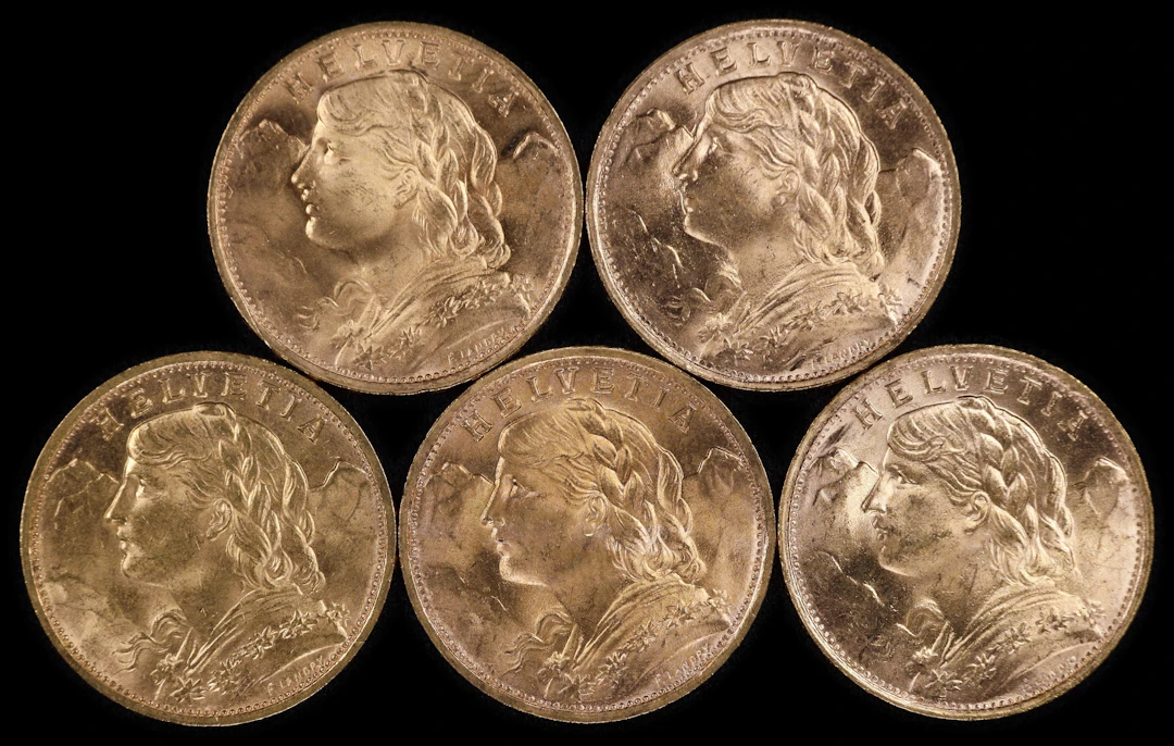 (0.935 oz, 29.082 g AGW). Switzerland. Lot of (5) Mixed Date Gold 20 Francs.