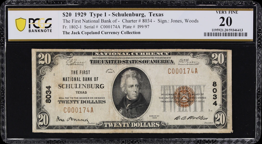 Schulenburg, Texas. $20 1929 Ty. 1. Fr. 1802-1. First NB. Charter