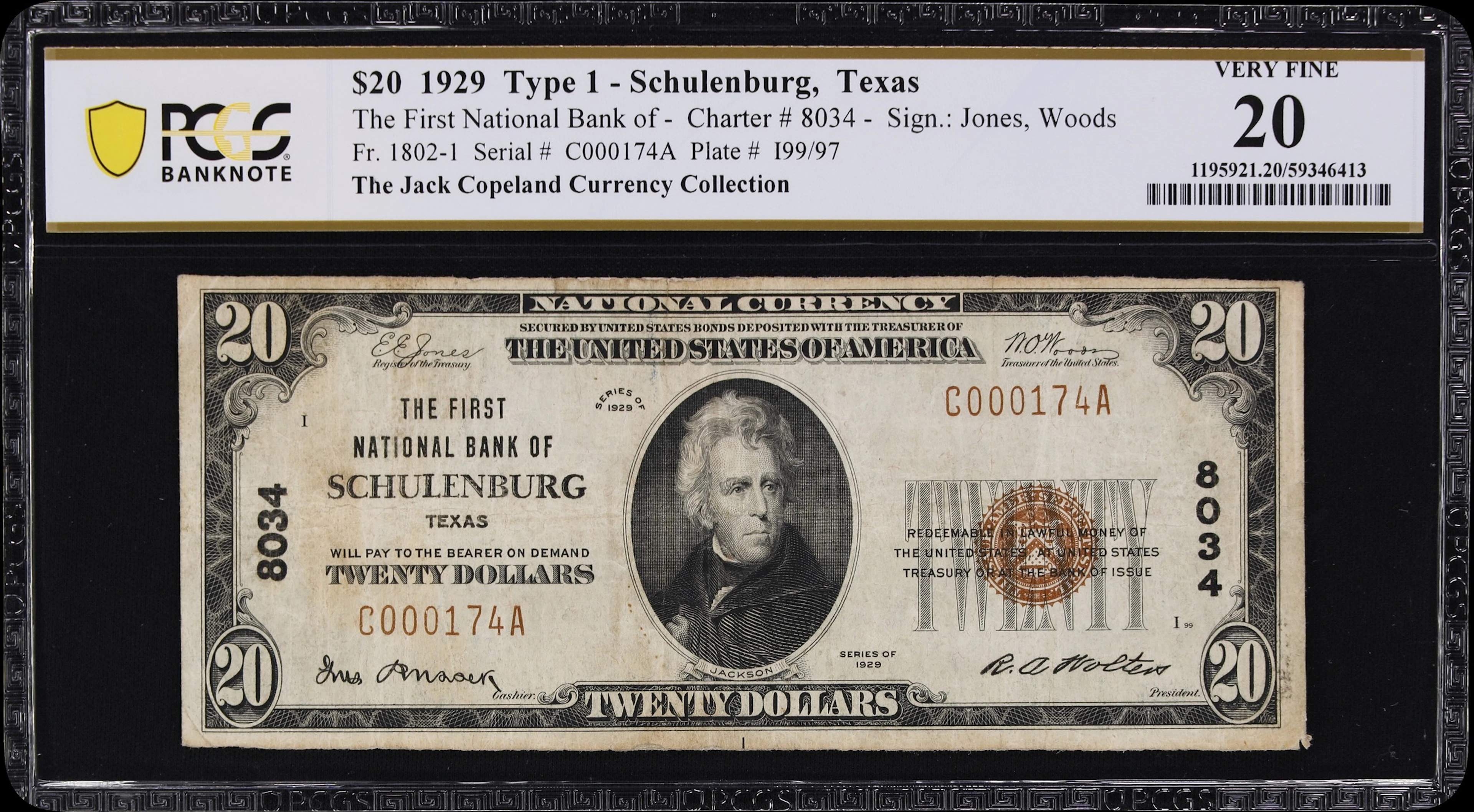 Schulenburg, Texas. $20 1929 Ty. 1. Fr. 1802-1. First NB. Charter
