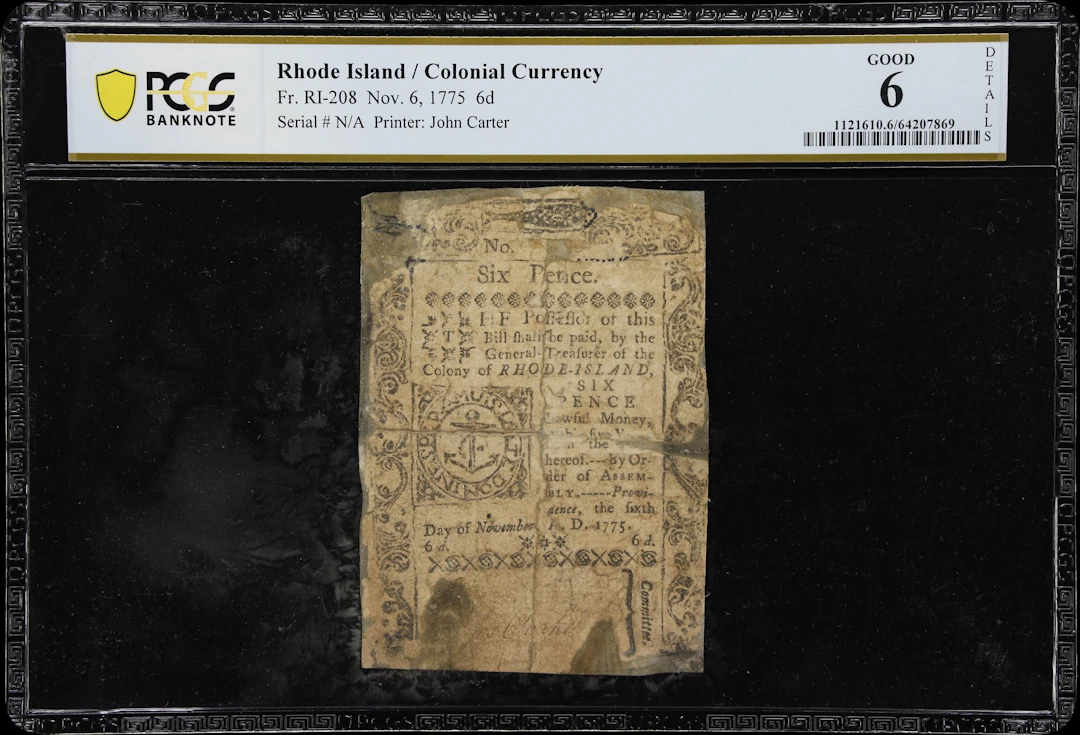 RI-208. Rhode Island. November 6, 1775. 6 Pence. PCGS Banknote Good