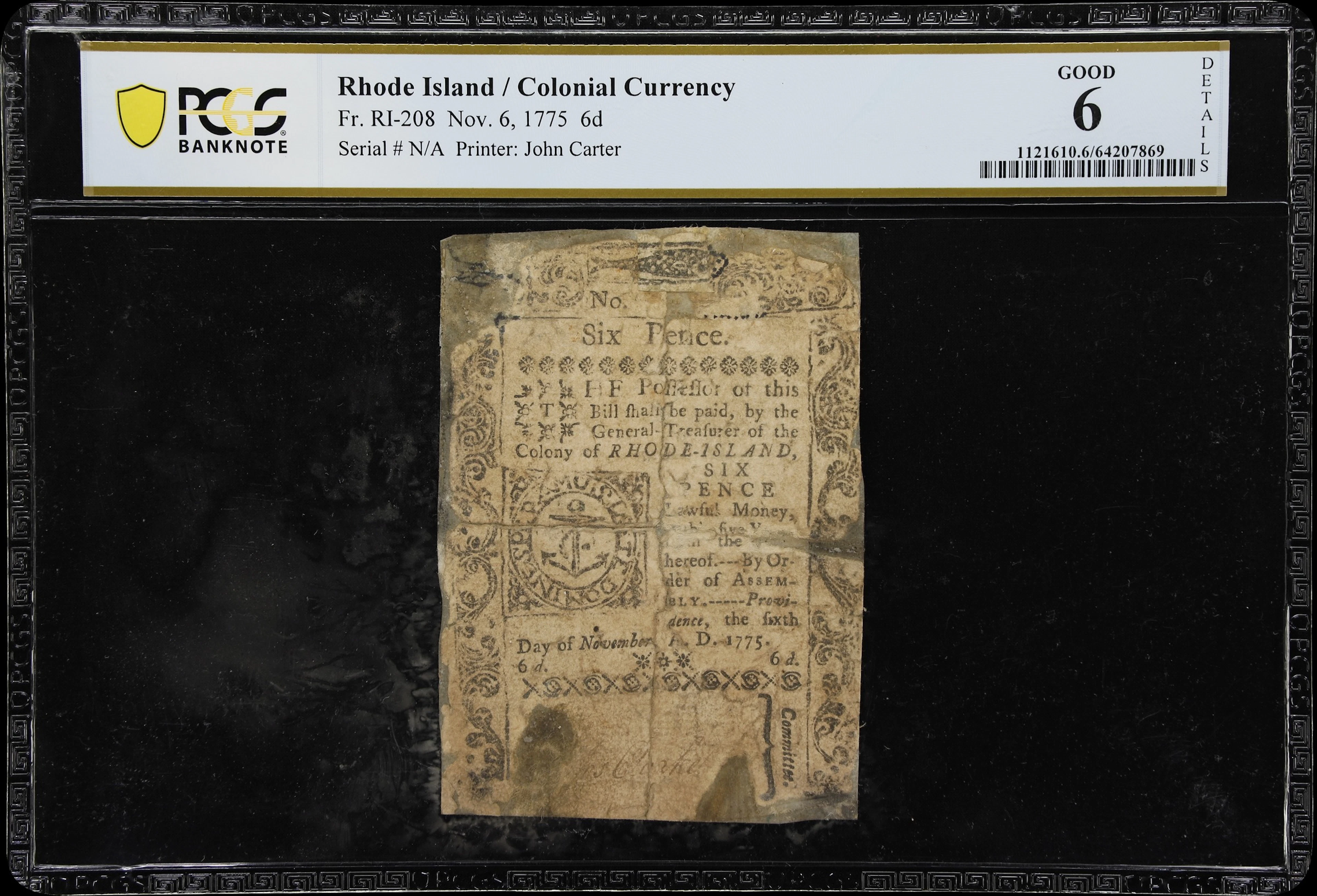 RI-208. Rhode Island. November 6, 1775. 6 Pence. PCGS Banknote Good