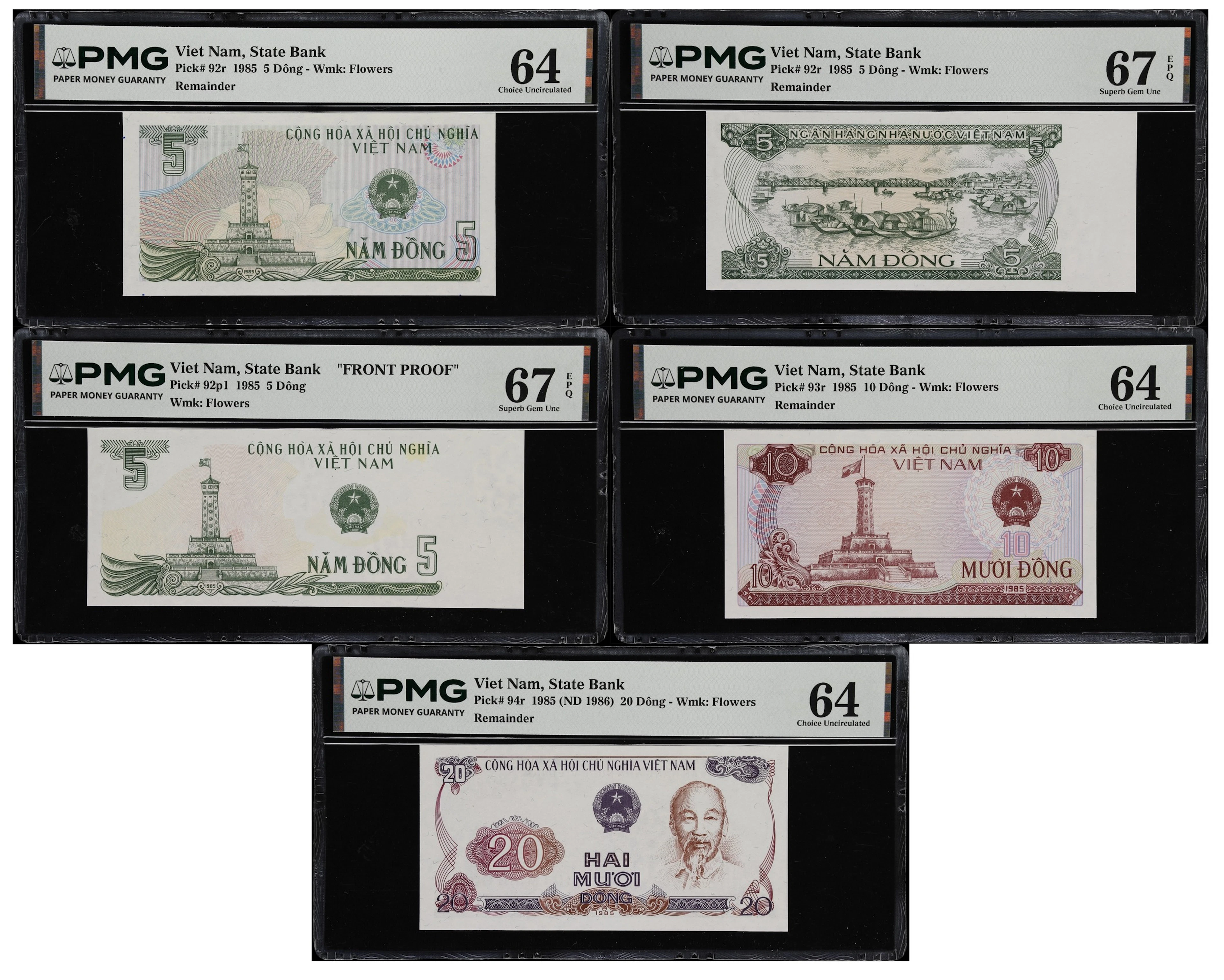 VIETNAM. Lot of (5). State Bank of Vietnam. 5, 10, & 20 Dong, 1985.