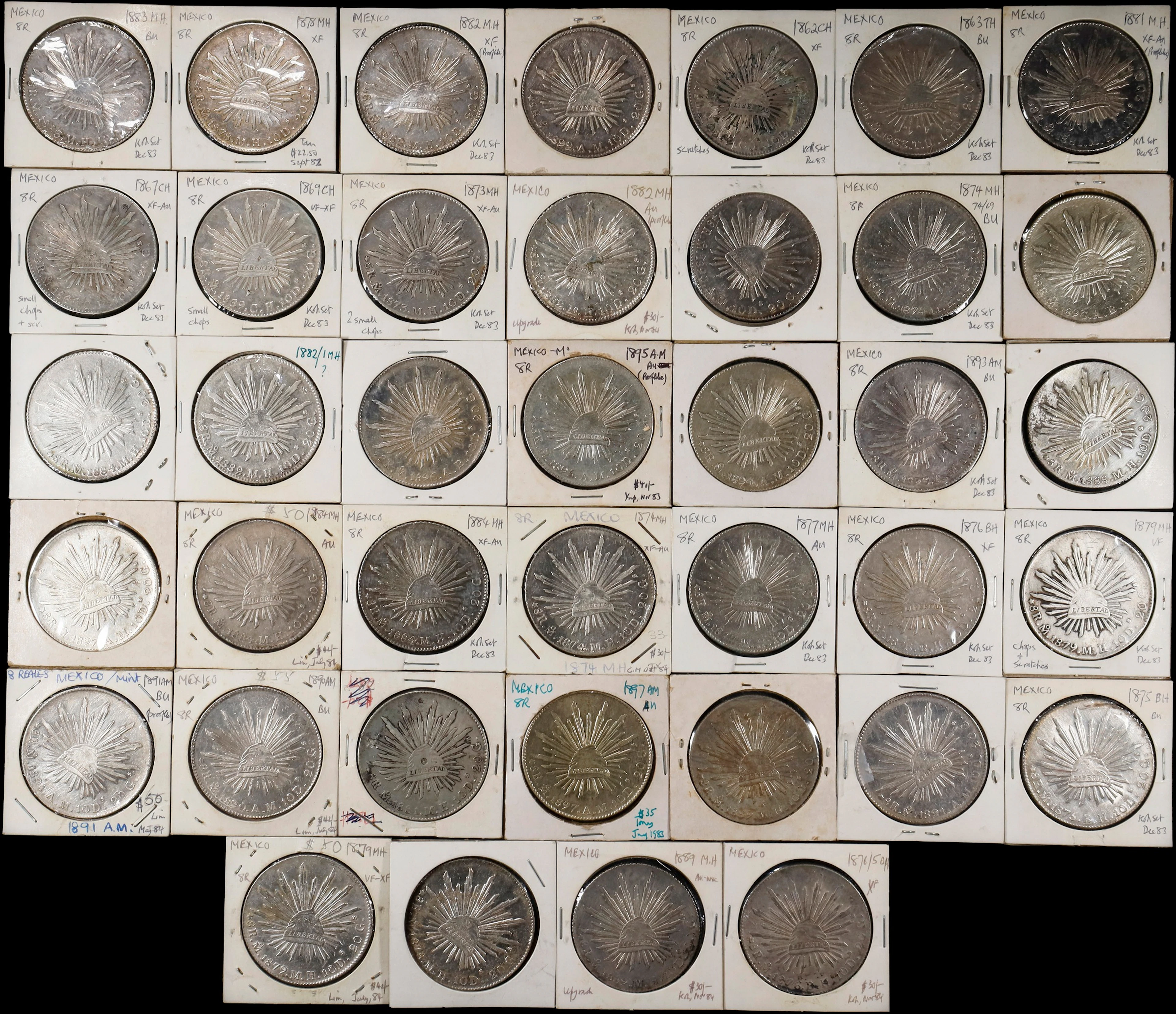 MEXICO. Group of 8 Reales (39 Pieces), 1862-97. Mexico City Mint.